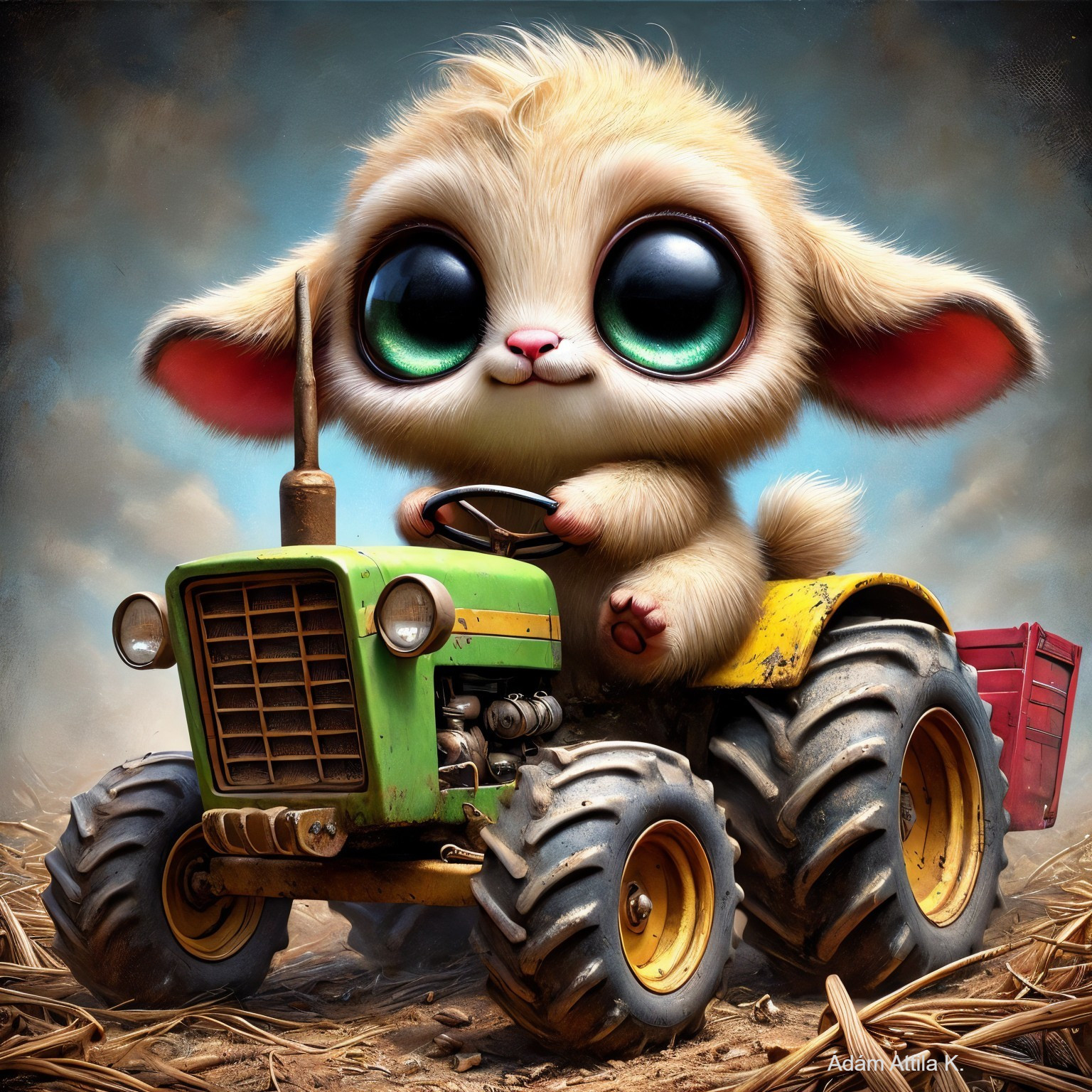 Cartoon Baby Animal Driving a Green Tractor in Landscape