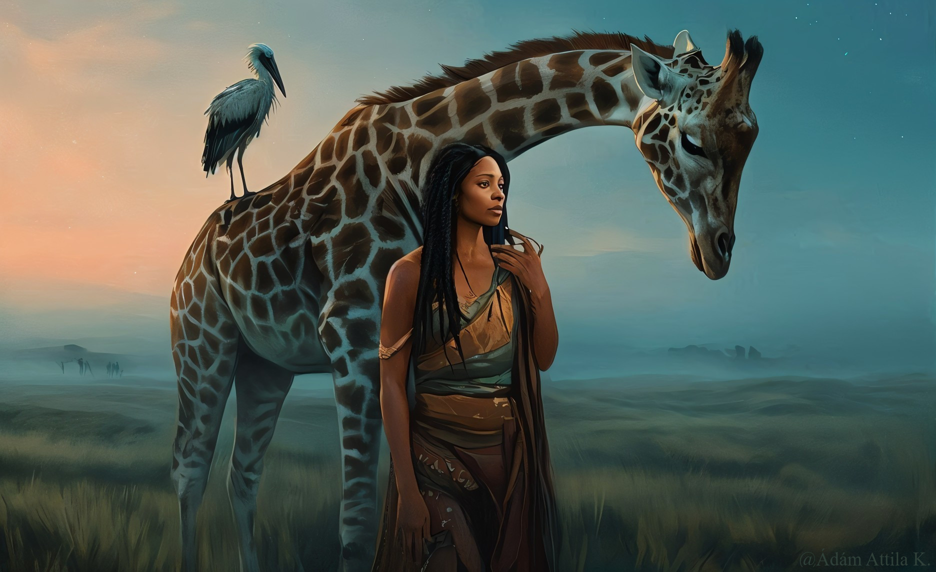 A digital painting of a woman and giraffe in nature