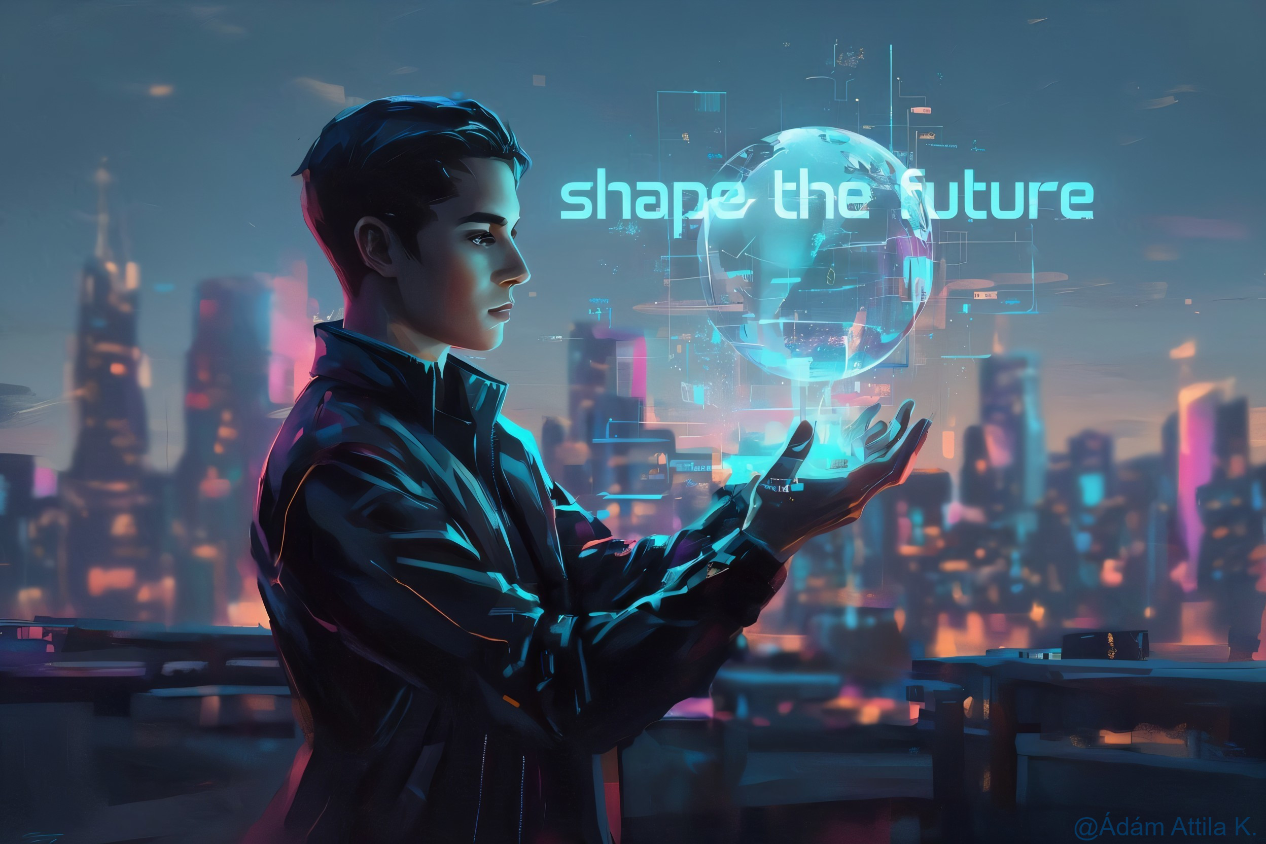 Young man with holographic globe on rooftop at dusk