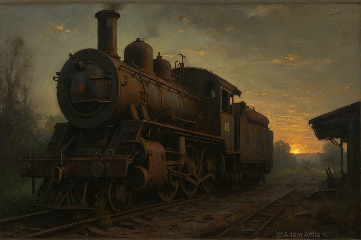 Vintage steam locomotive at sunset with serene surroundings