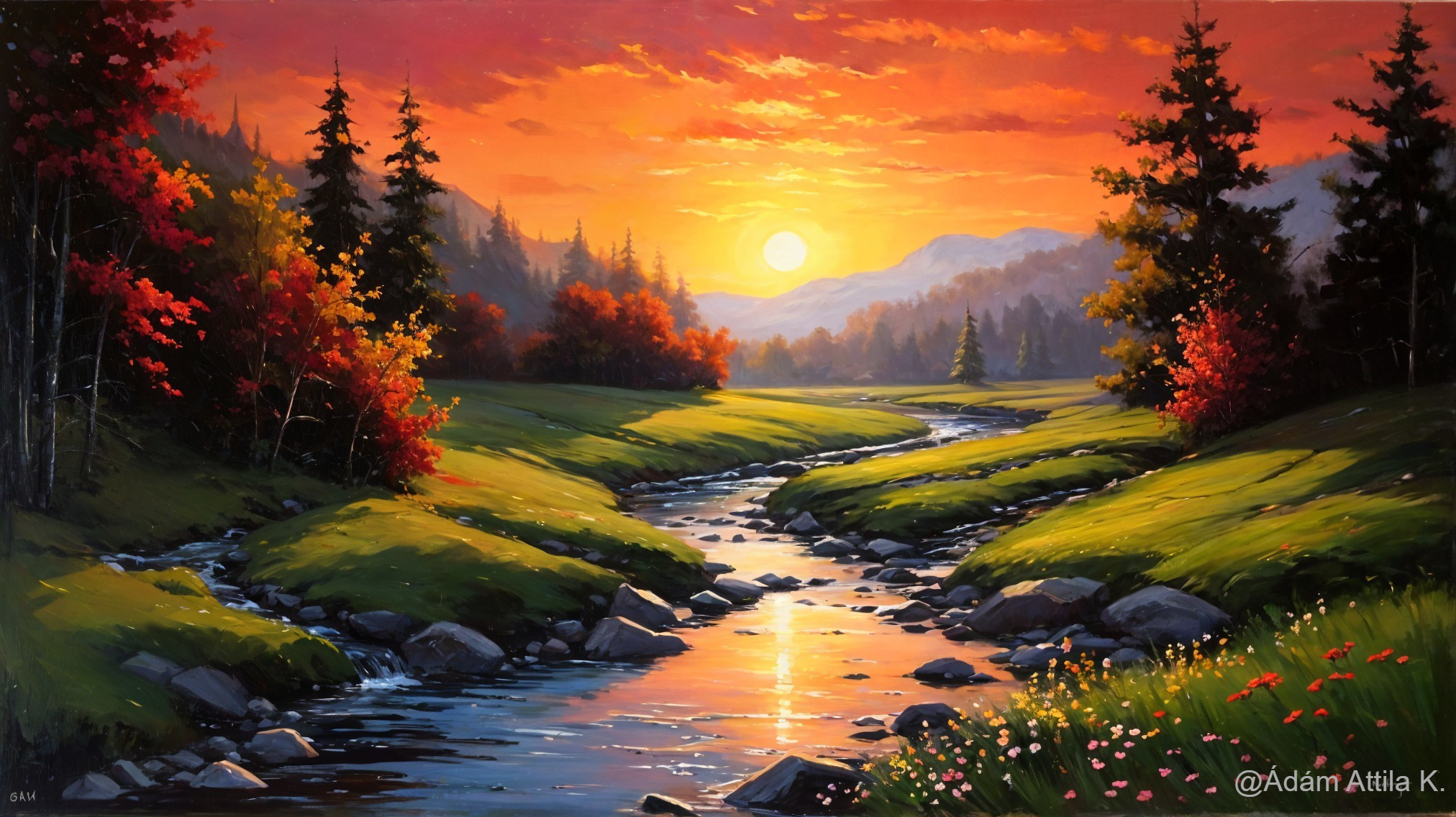 Serene Sunset Landscape with Stream and Pine Trees