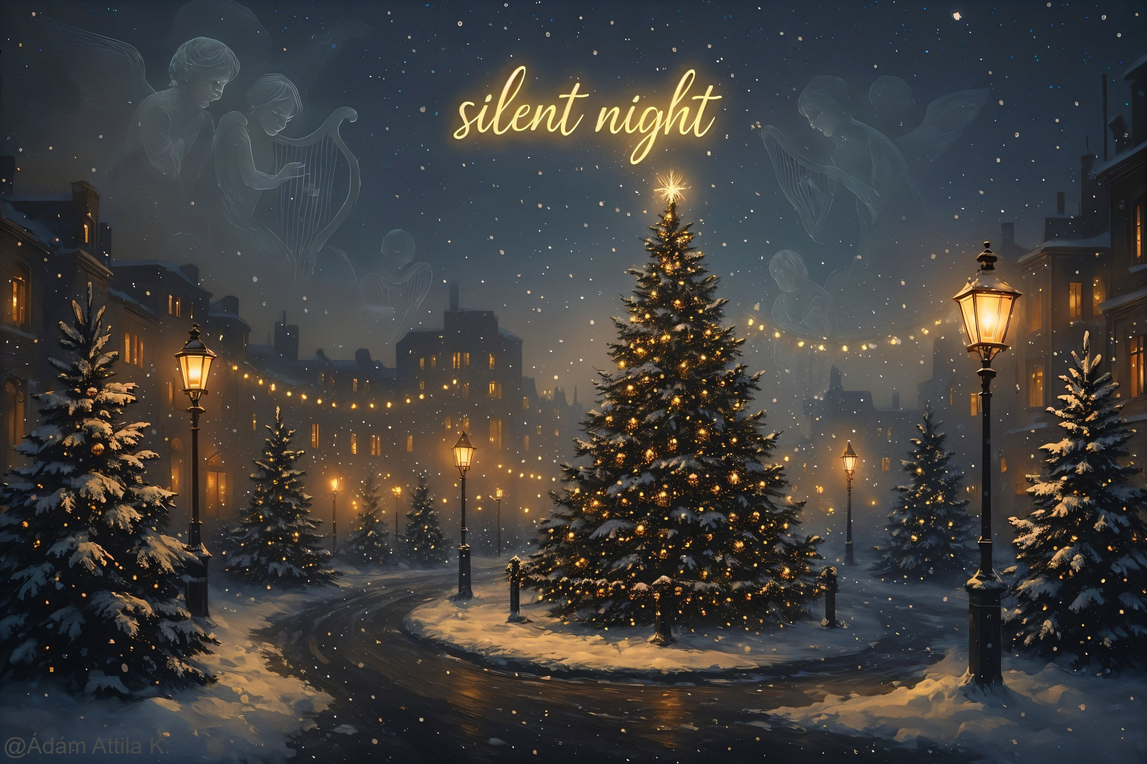 Winter Street Scene with Christmas Tree and Snow