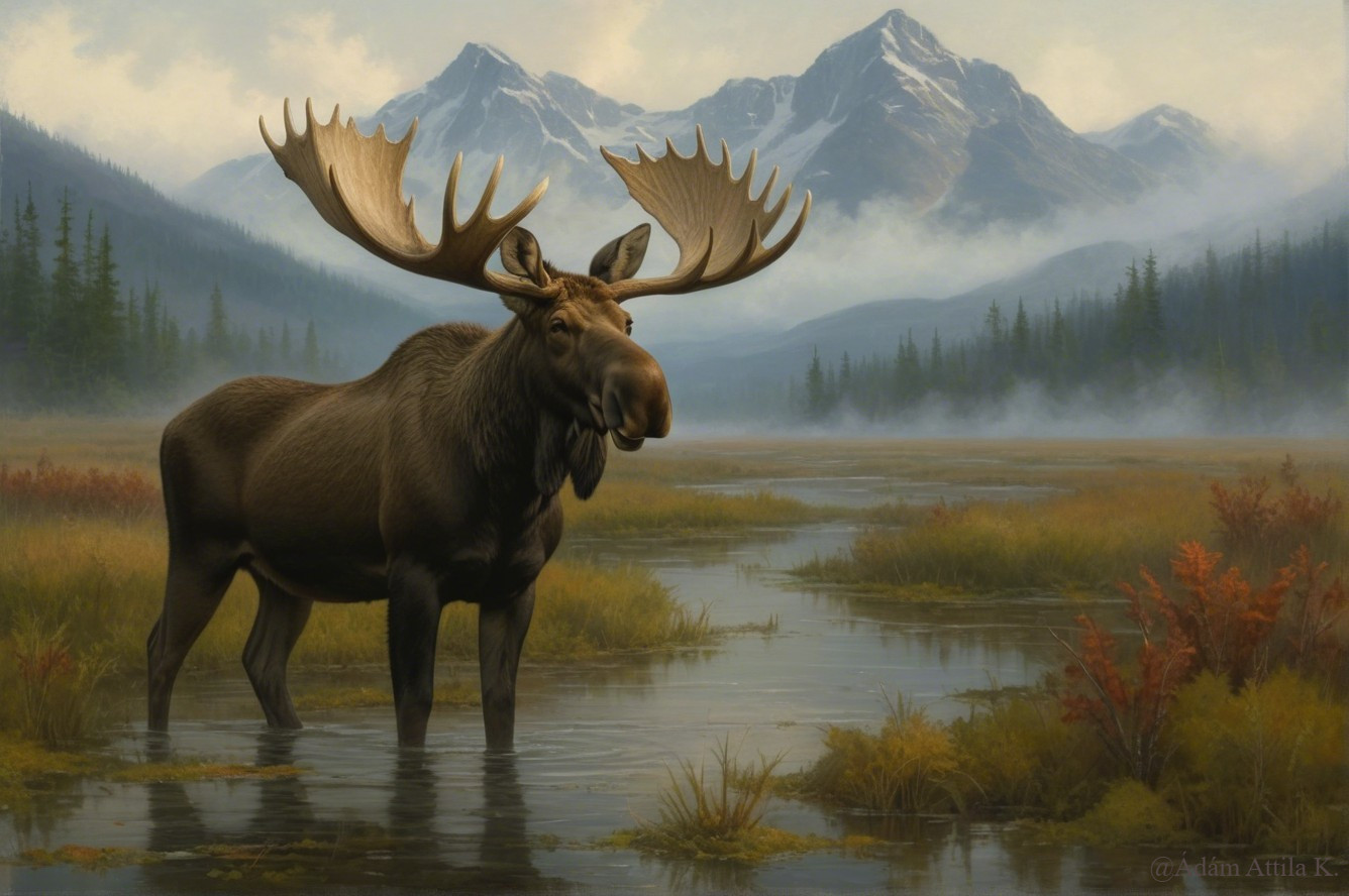 Moose in a Misty Wetland with Mountains and Foliage