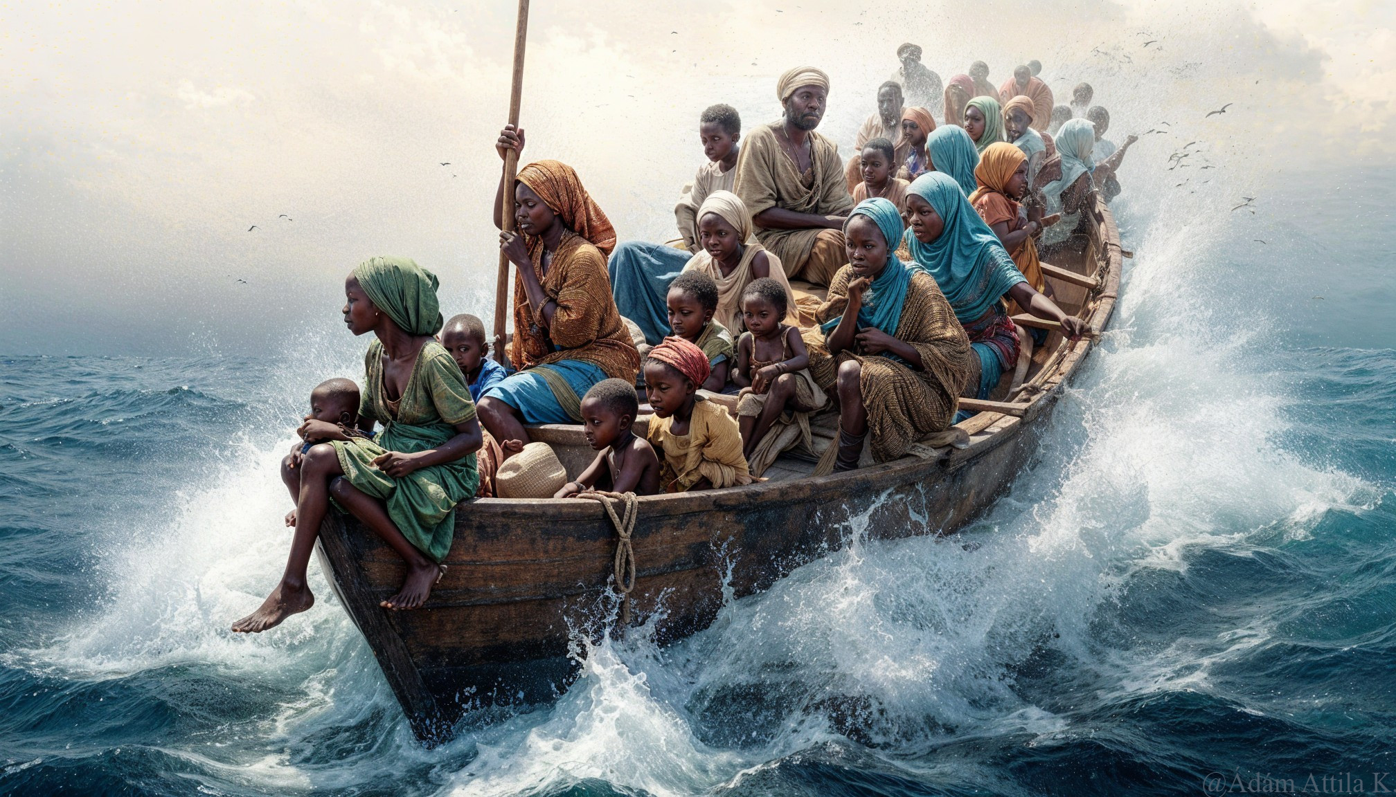 Diverse Group in Wooden Boat on Turbulent Sea