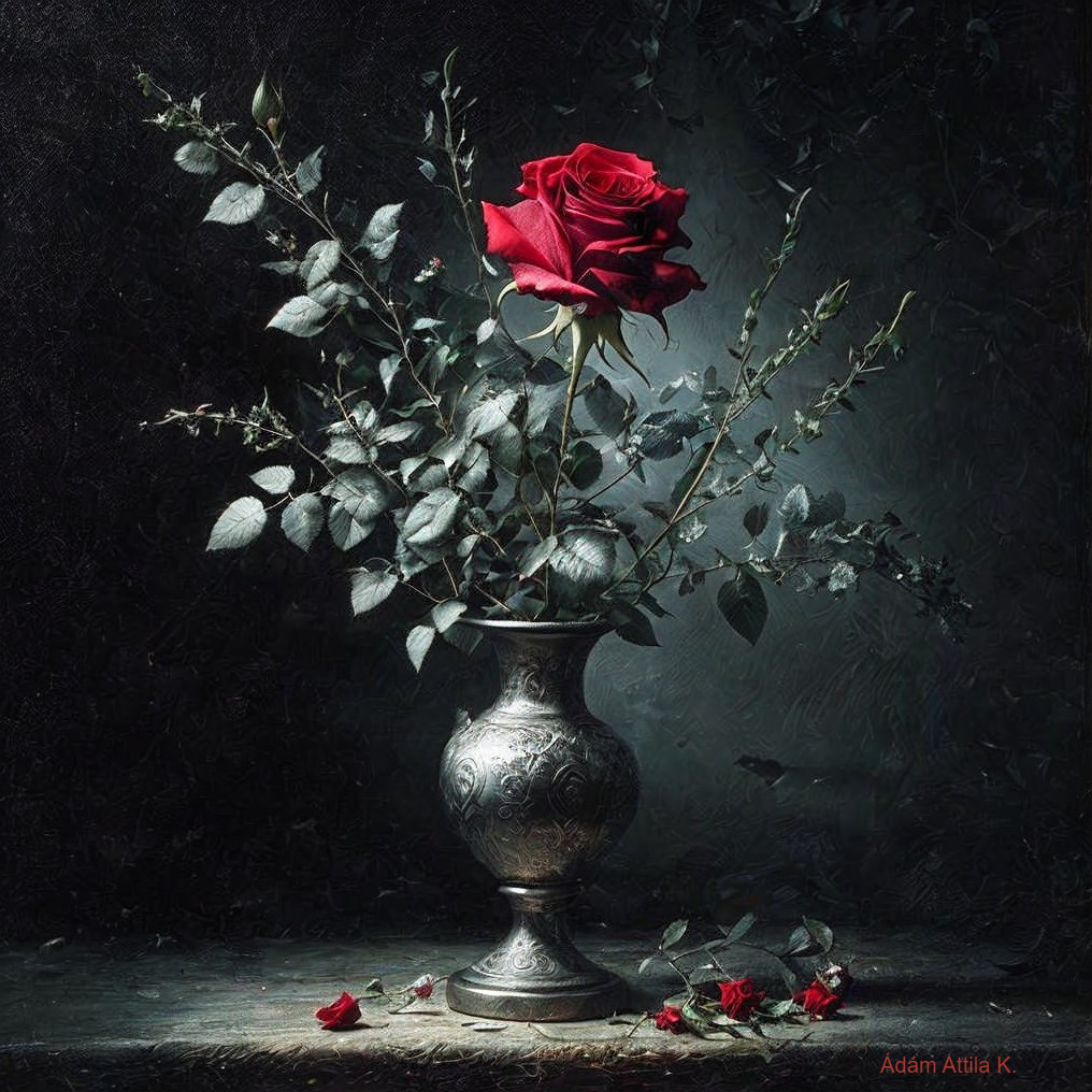 Elegant Red Rose in Ornate Silver Vase Display