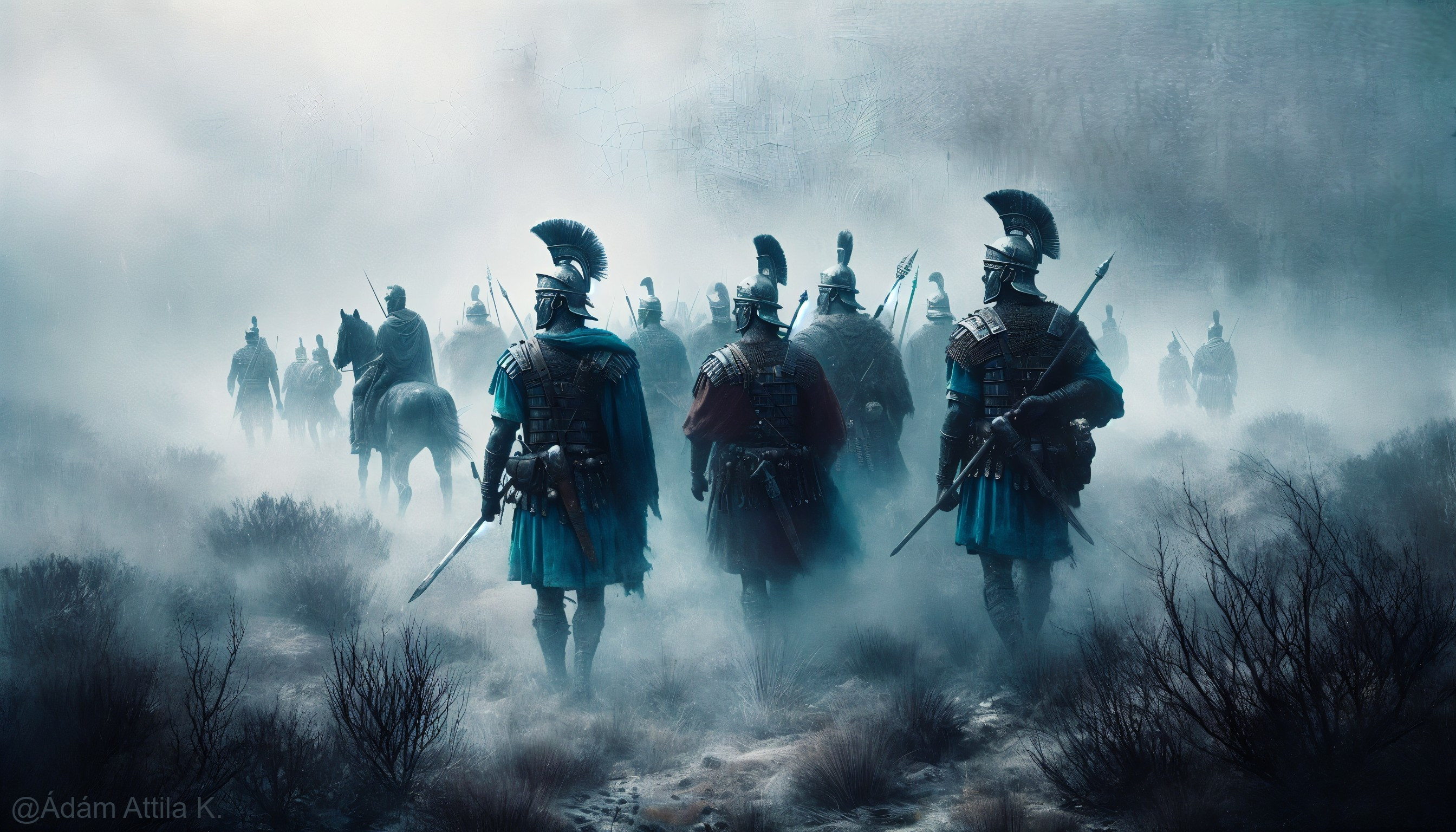 Ancient warriors in armor march through foggy landscape