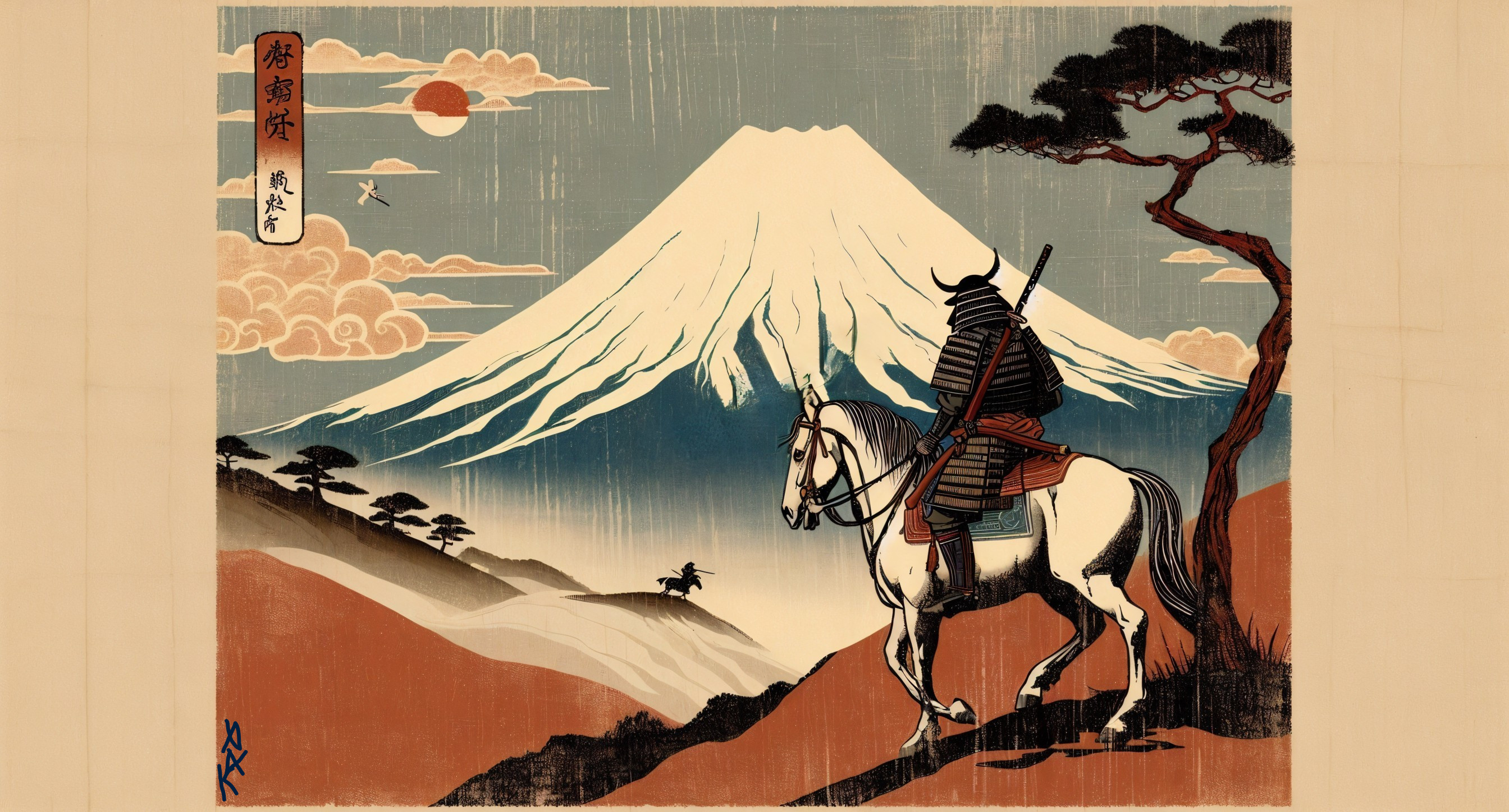 Traditional Japanese Woodblock Print of Samurai and Fuji