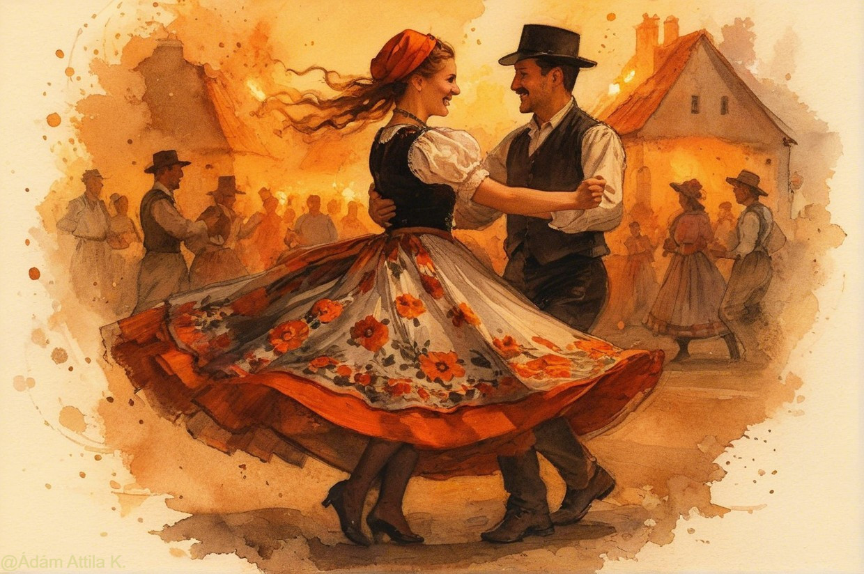 Couple Dancing in Traditional Attire at Festive Event