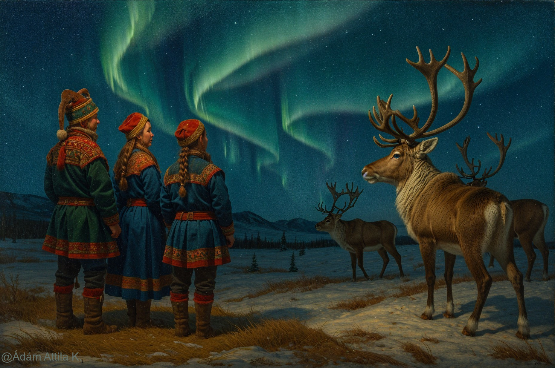 Arctic Scene with Traditional Attire and Northern Lights