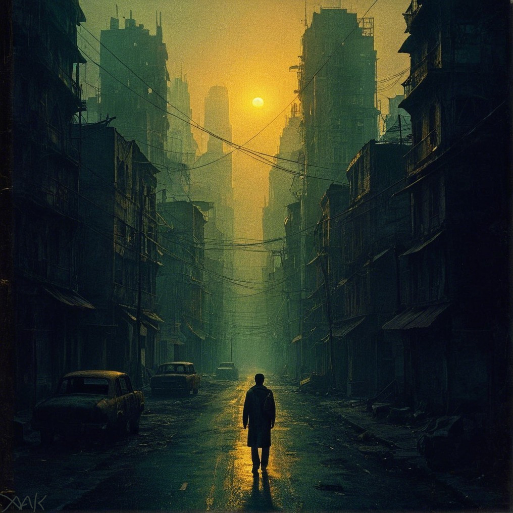 Solitary Figure in a Dystopian Urban Landscape