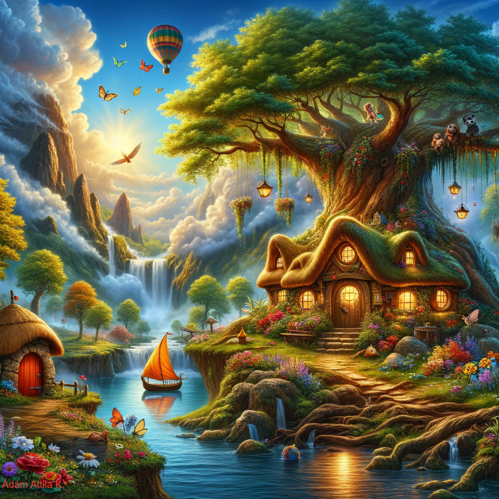 Whimsical Landscape with Cottage and Serene Lake