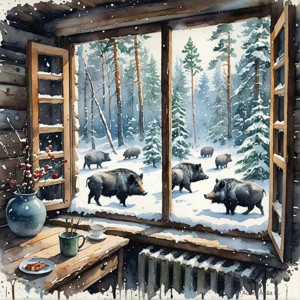 Cozy wooden cabin with snowy landscape and wildlife