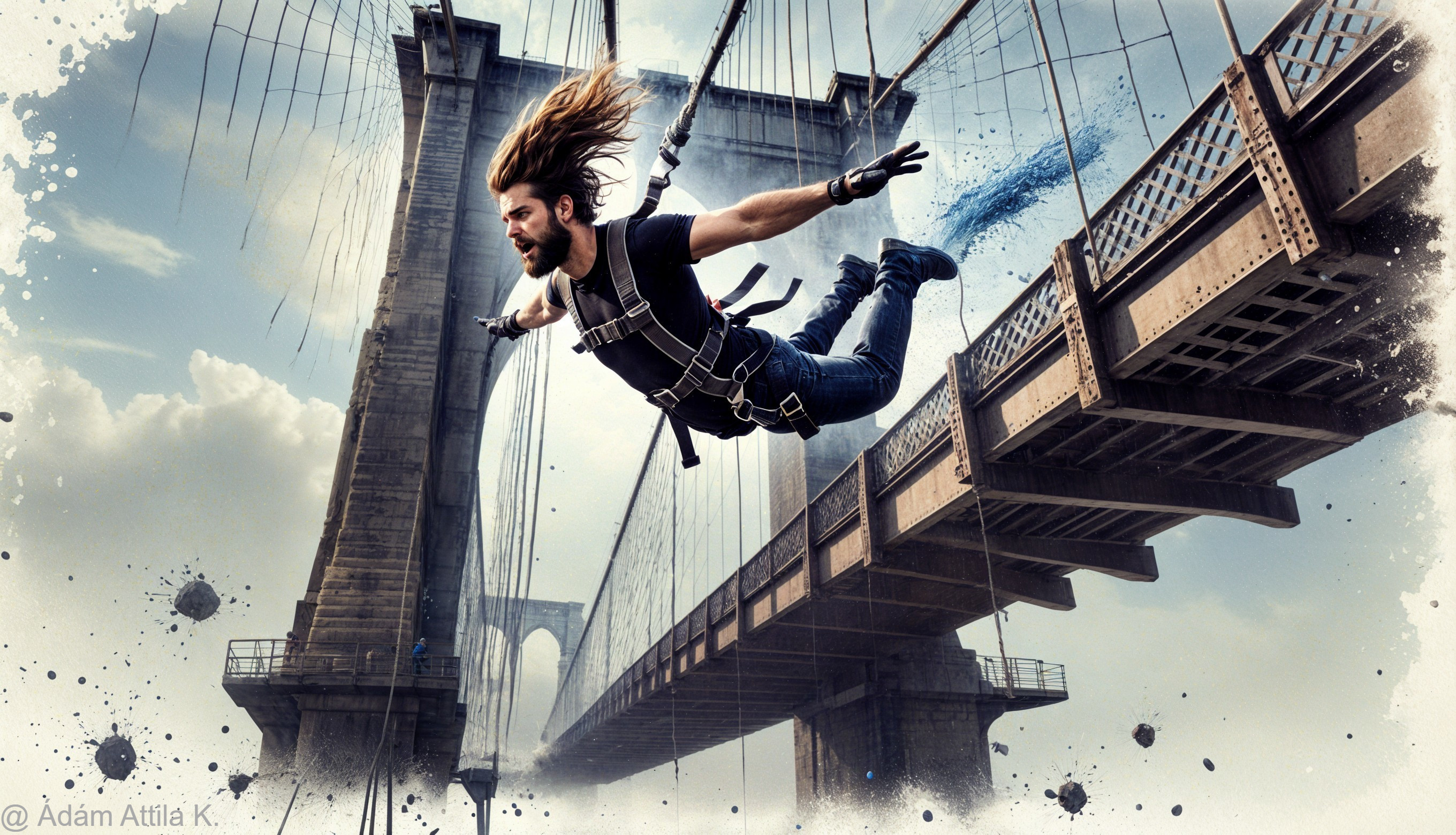 Individual Swinging from Harness Near Brooklyn Bridge