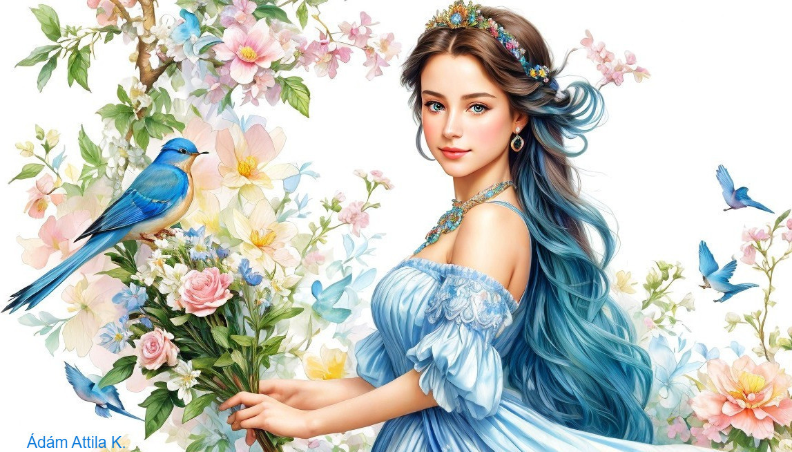 Young woman in blue dress with floral bouquet in nature