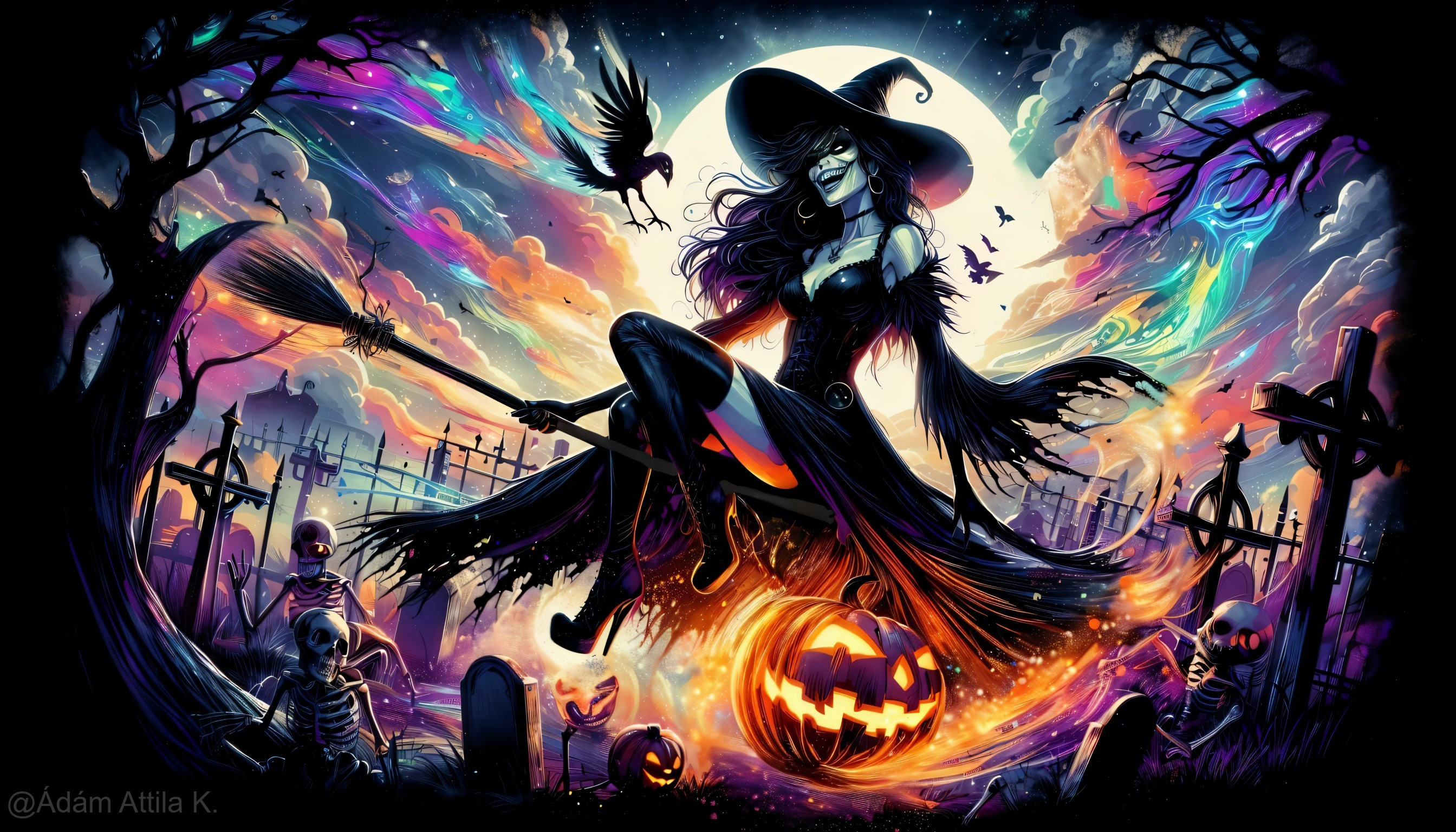 Witch Flying on Broomstick in Spooky Graveyard Scene