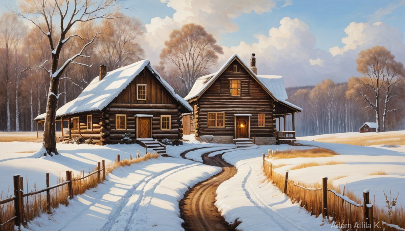 Winter Landscape with Log Houses and Snowy Trees