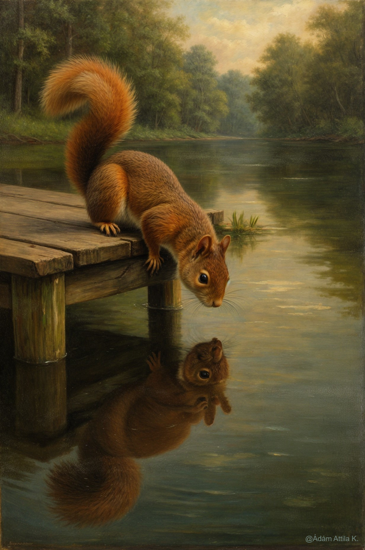 Squirrel on Dock Observing Its Reflection in Water