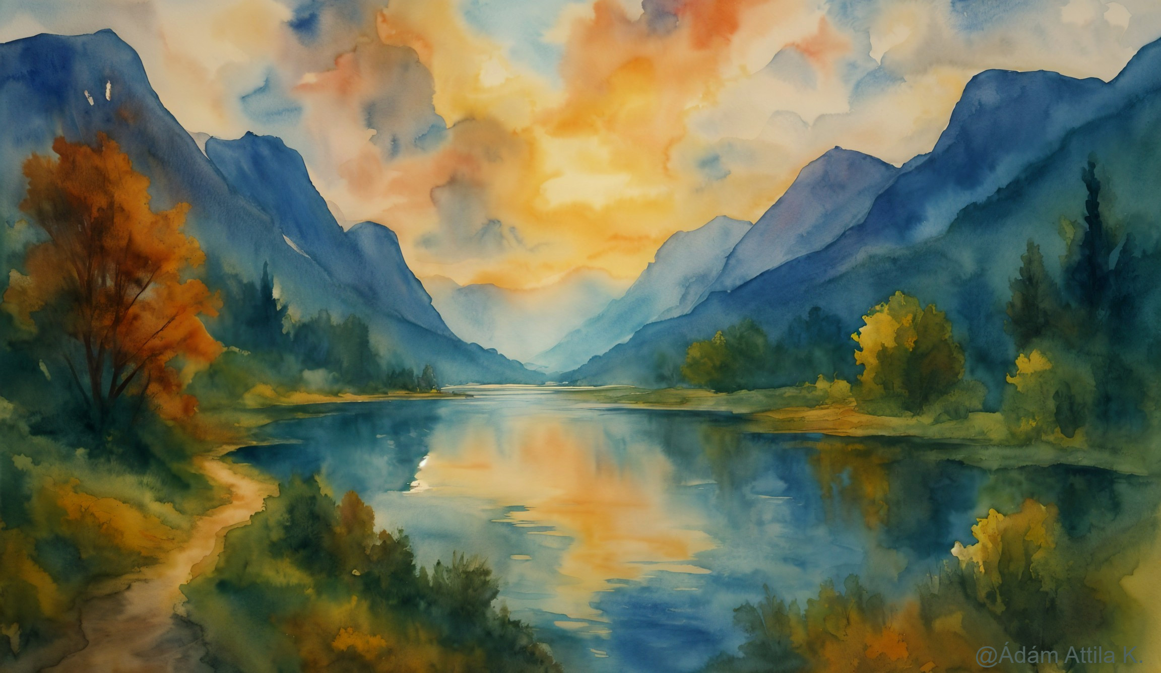 Tranquil River and Majestic Mountains in Autumn Foliage