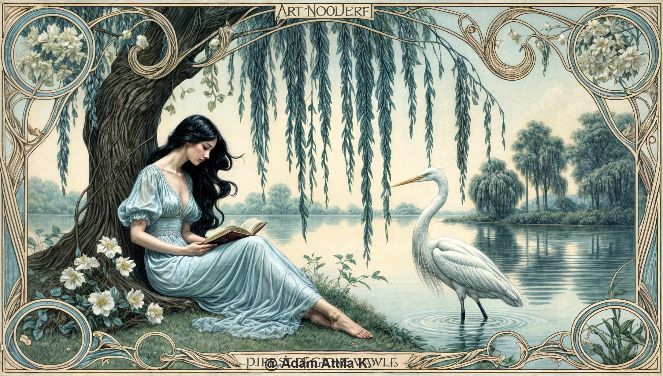 Woman in Blue Gown Reading by Tranquil Lake