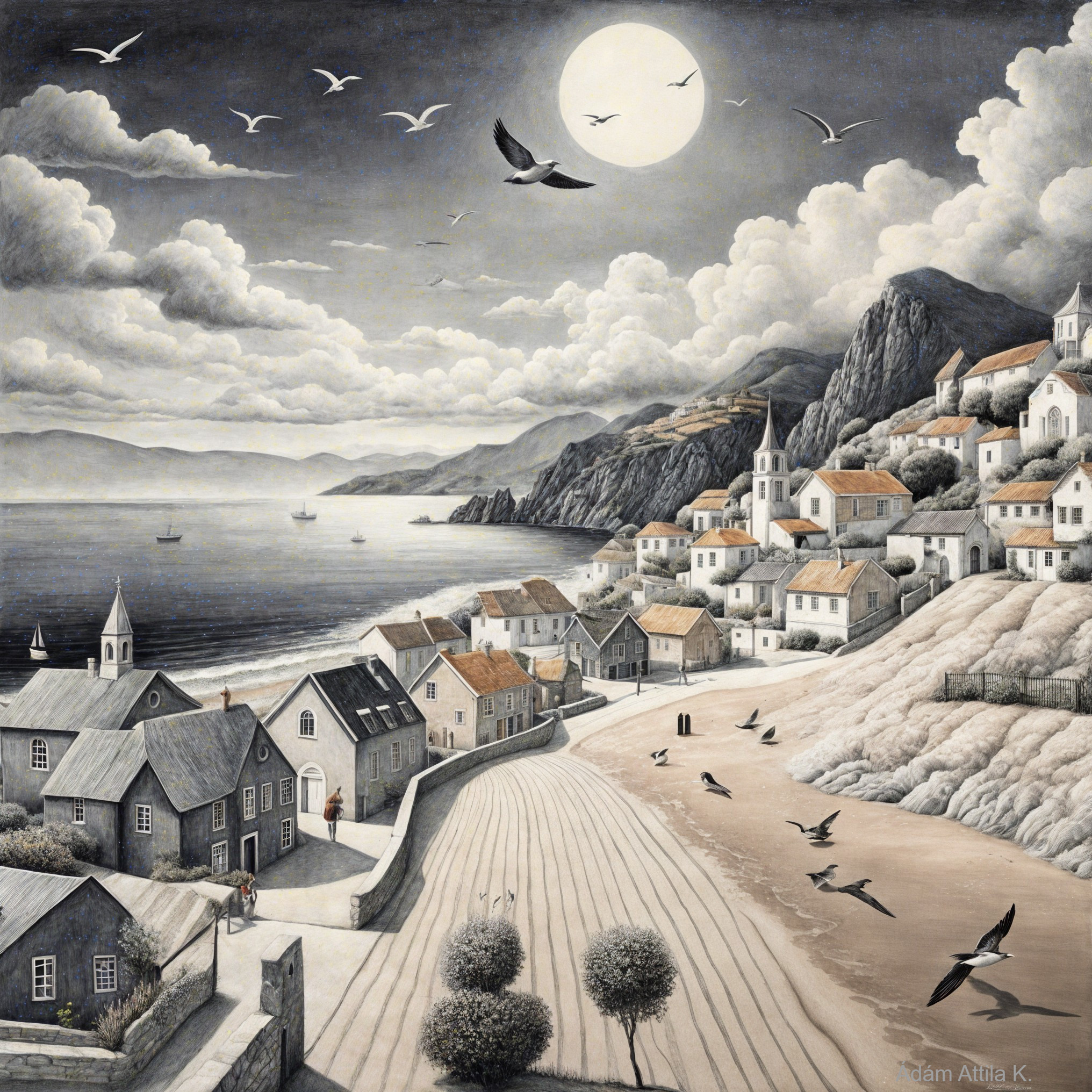 Moonlit Coastal Village with Tranquil Landscape Elements