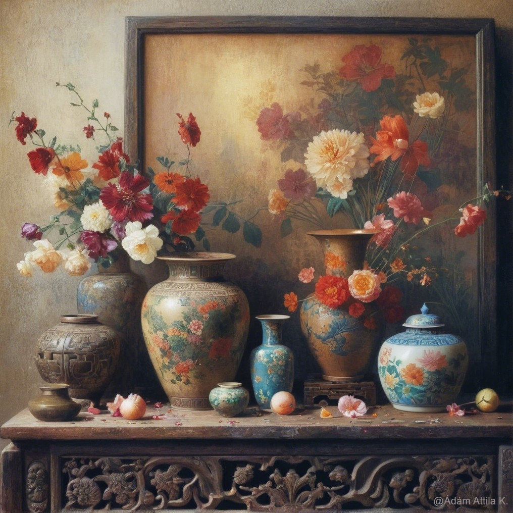 Ornate Vases with Vibrant Flowers in Still Life Arrangement