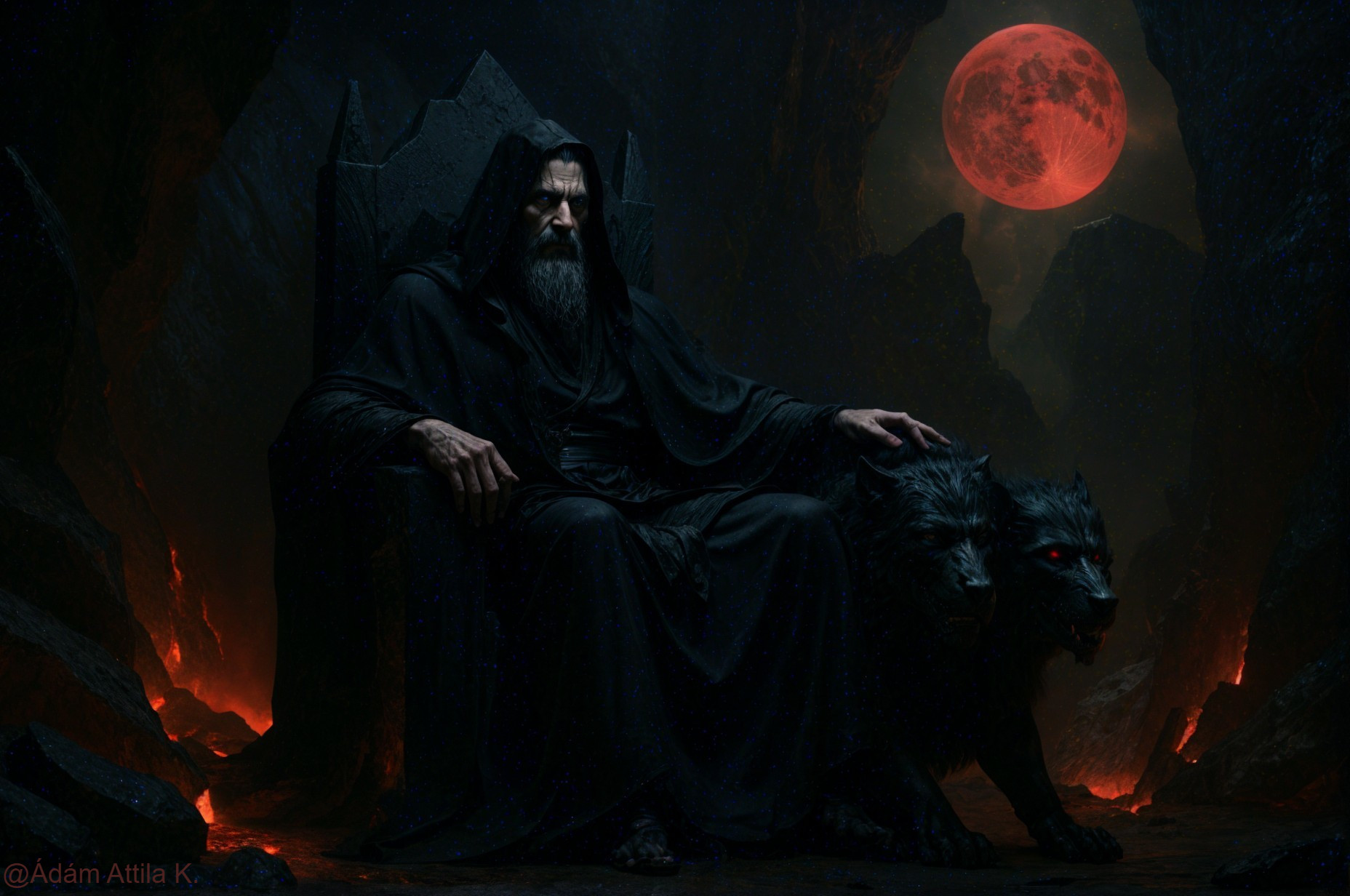 Cloaked Figure on Throne with Wolves in Dark Landscape