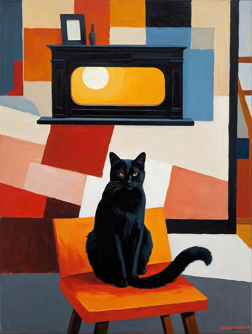 Black Cat on Orange Chair with Abstract Background