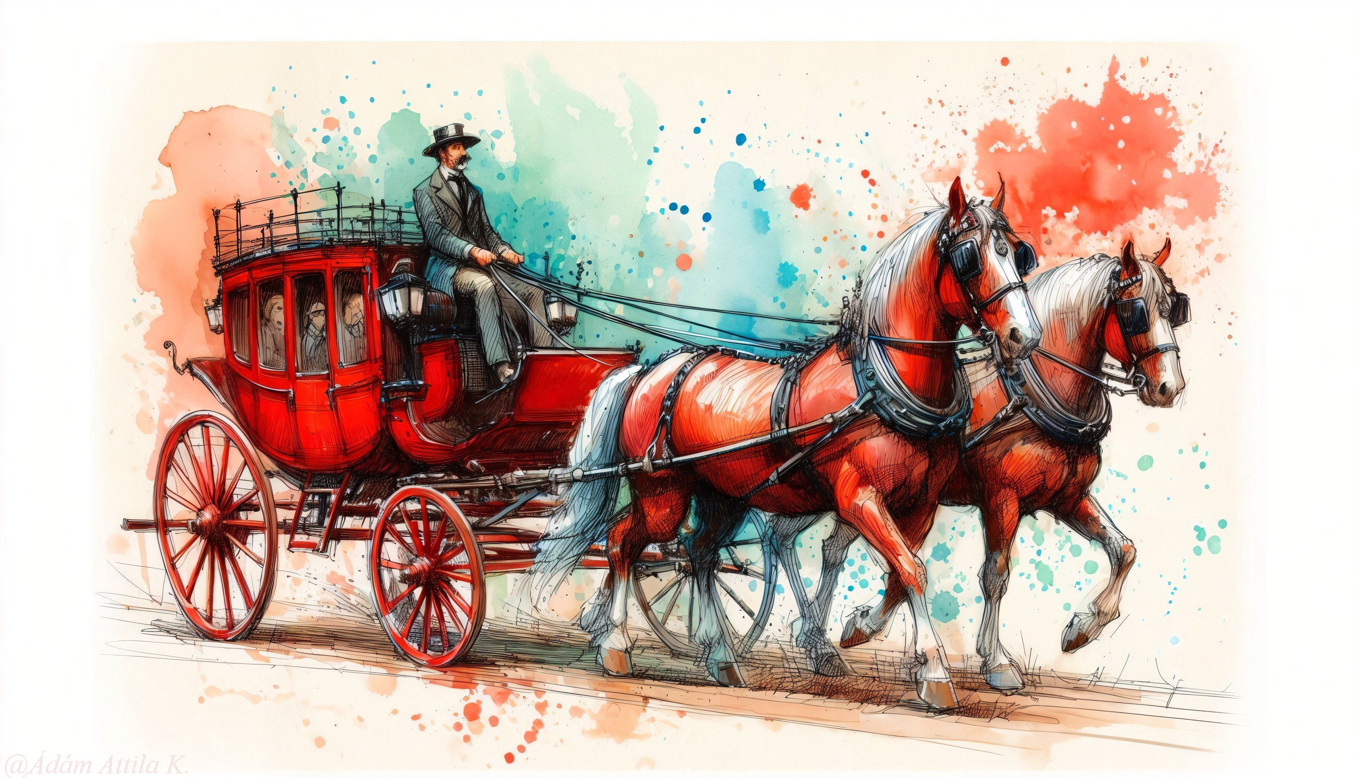 Vibrant Illustration of a Red Carriage and Horses