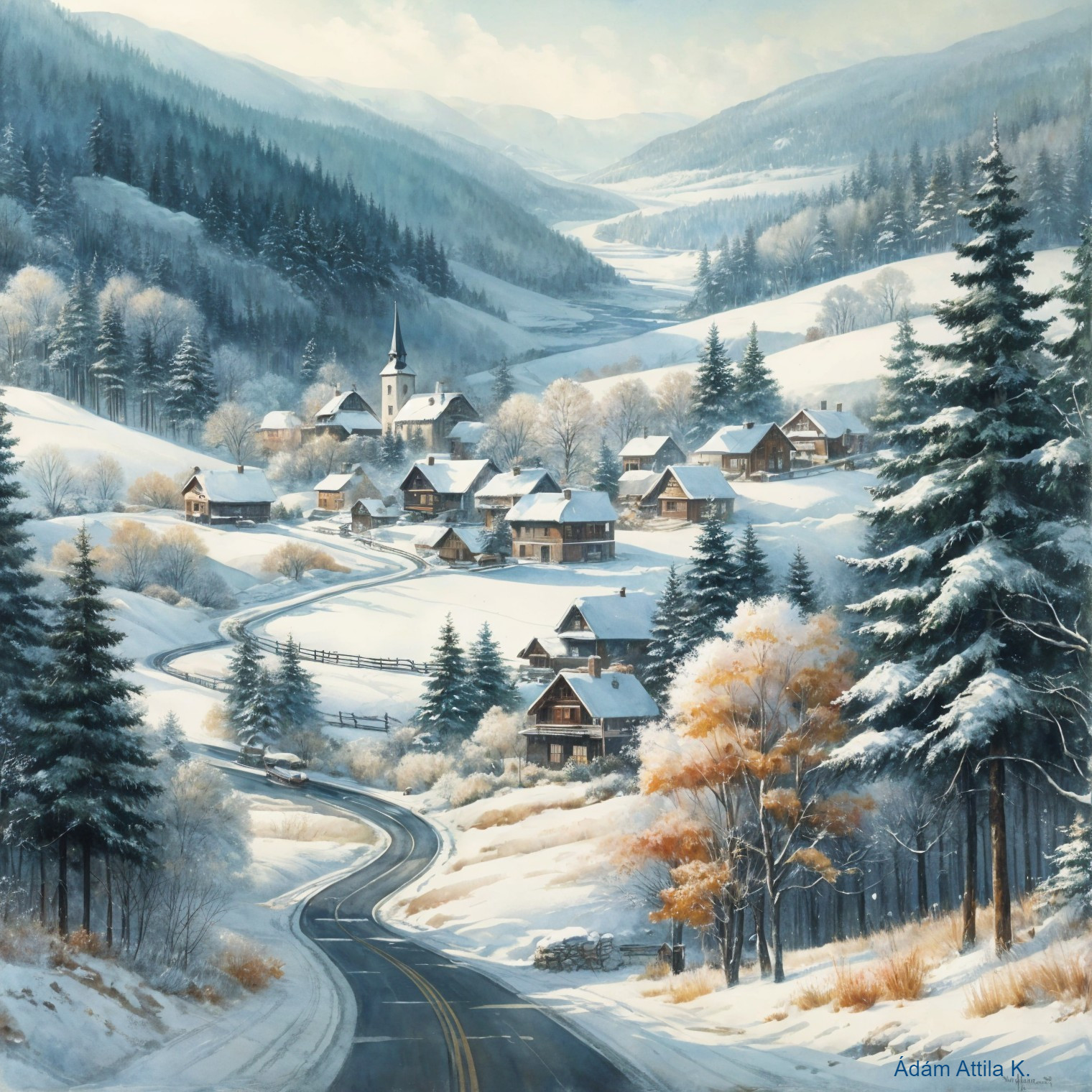 Winter Village Landscape in Snowy Valley Setting
