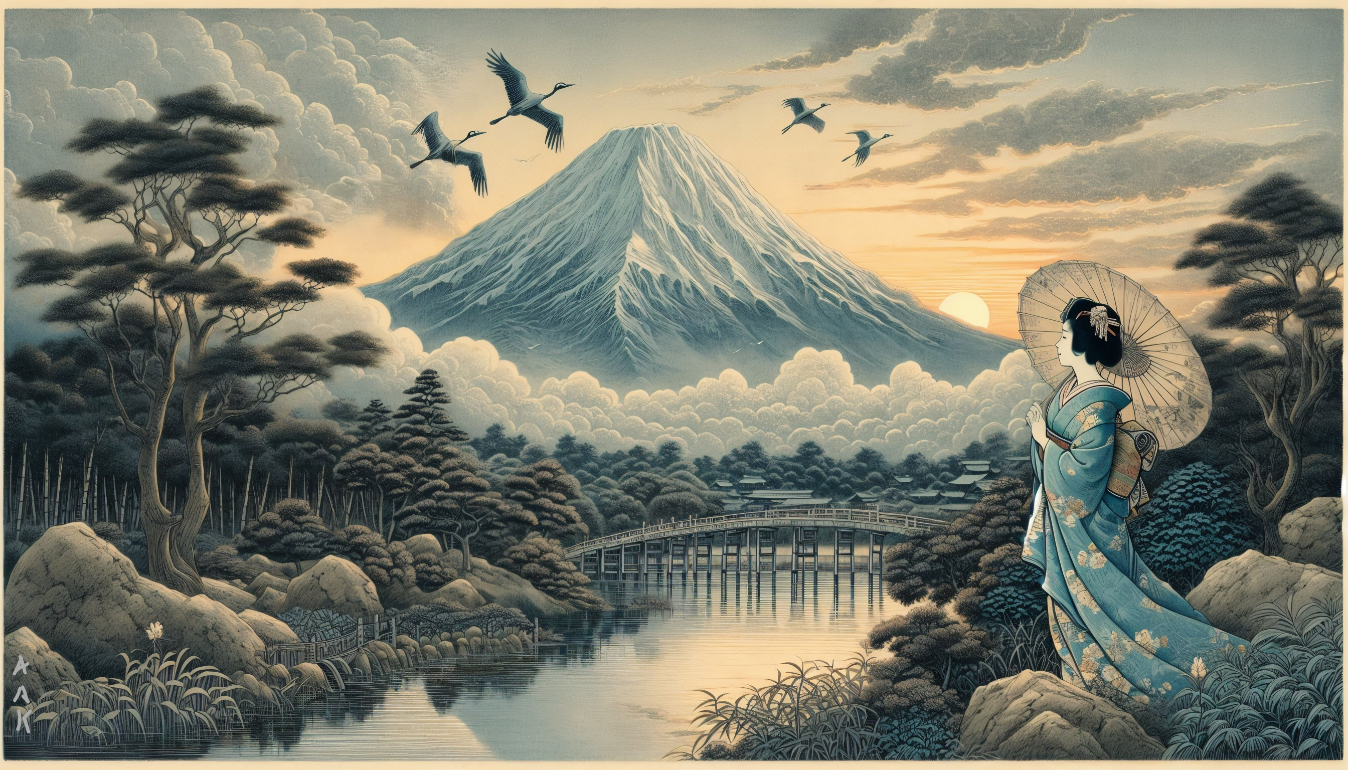 Serene Landscape with Woman in Kimono and Mount Fuji