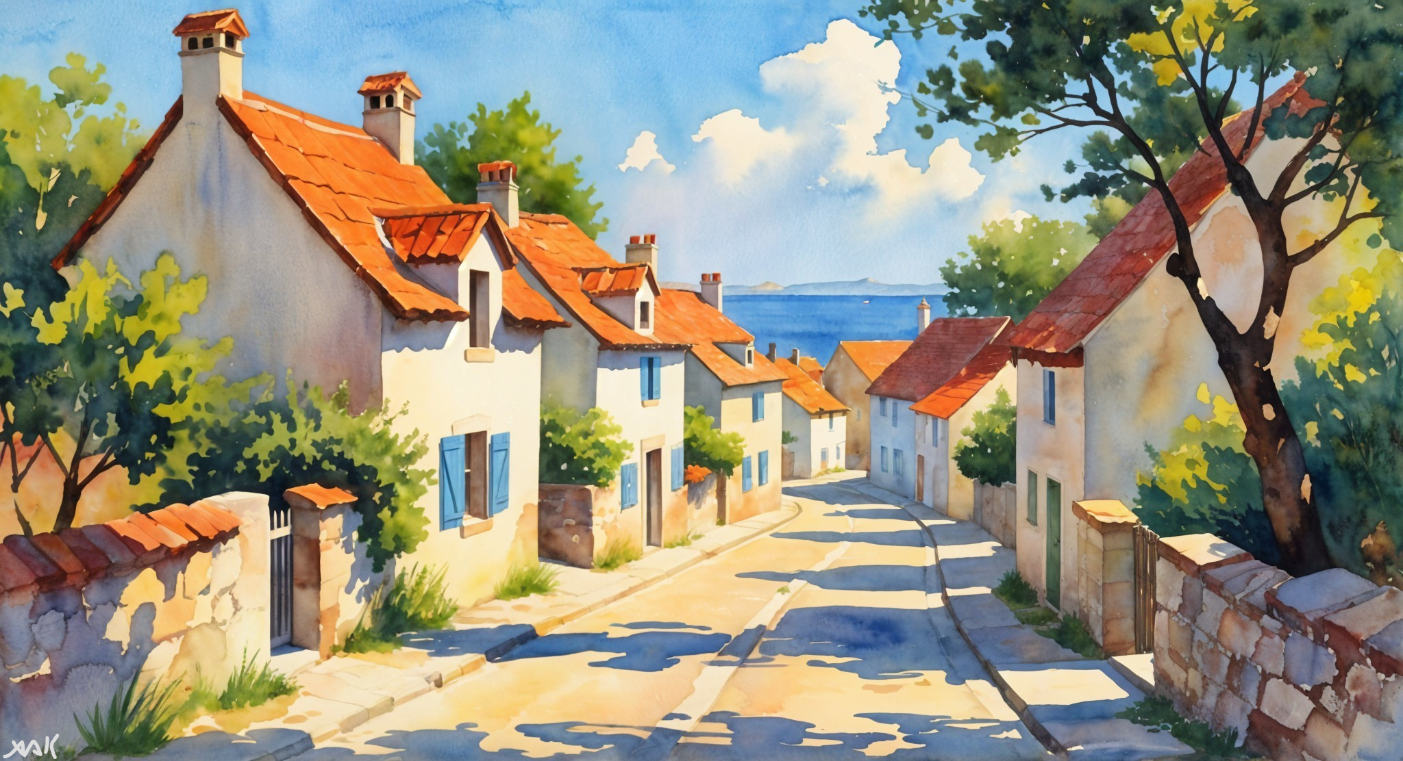 Coastal Village with White Houses and Blue Sea