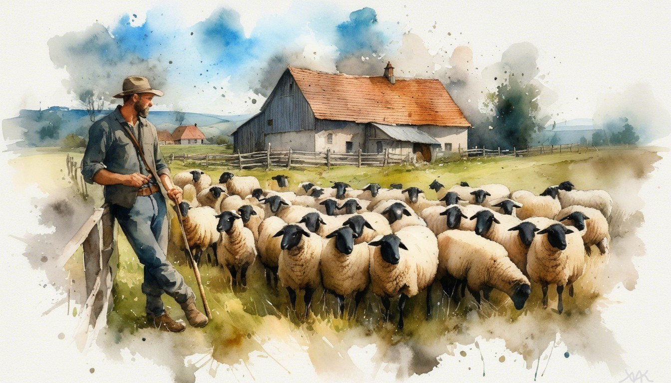 Pastoral Scene of Shepherd and Grazing Sheep