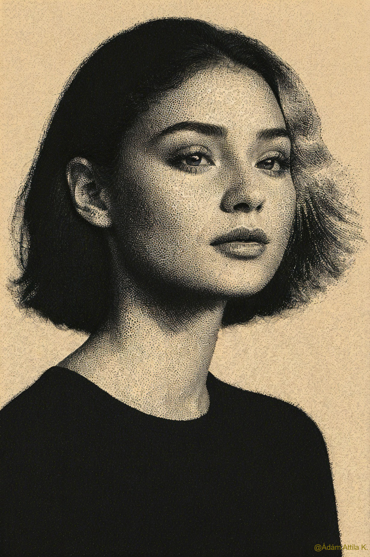 Portrait of a Woman with Bob Hairstyle and Stippling Technique