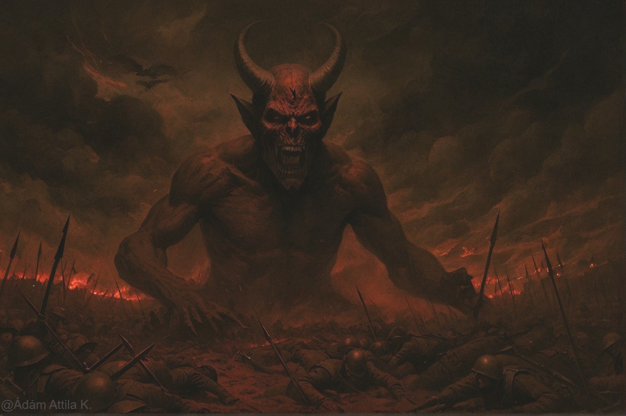Colossal Figure Overlooks Fiery Battlefield Chaos