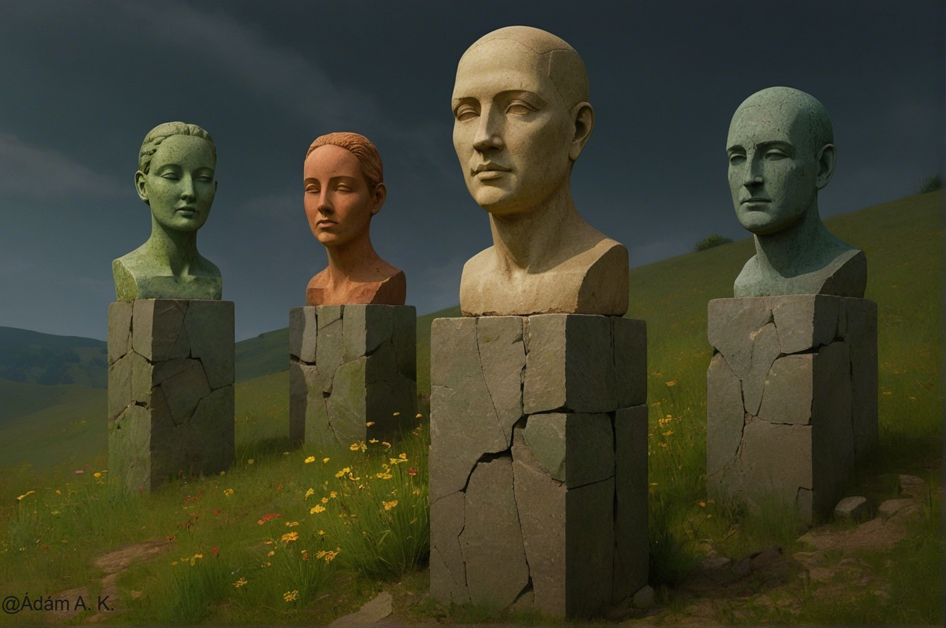 Stone Busts in Lush Landscape with Wildflowers