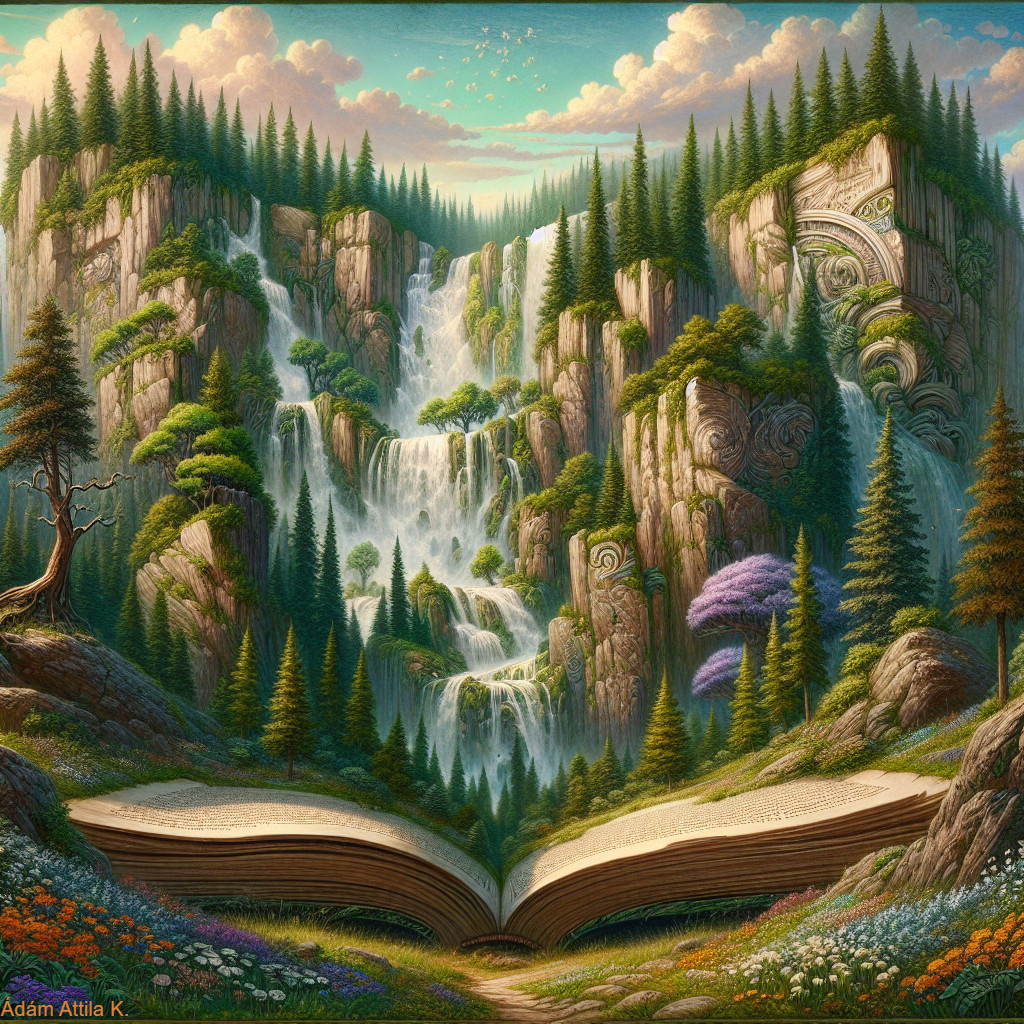 Open Book Illustrating Lush Landscape and Waterfalls