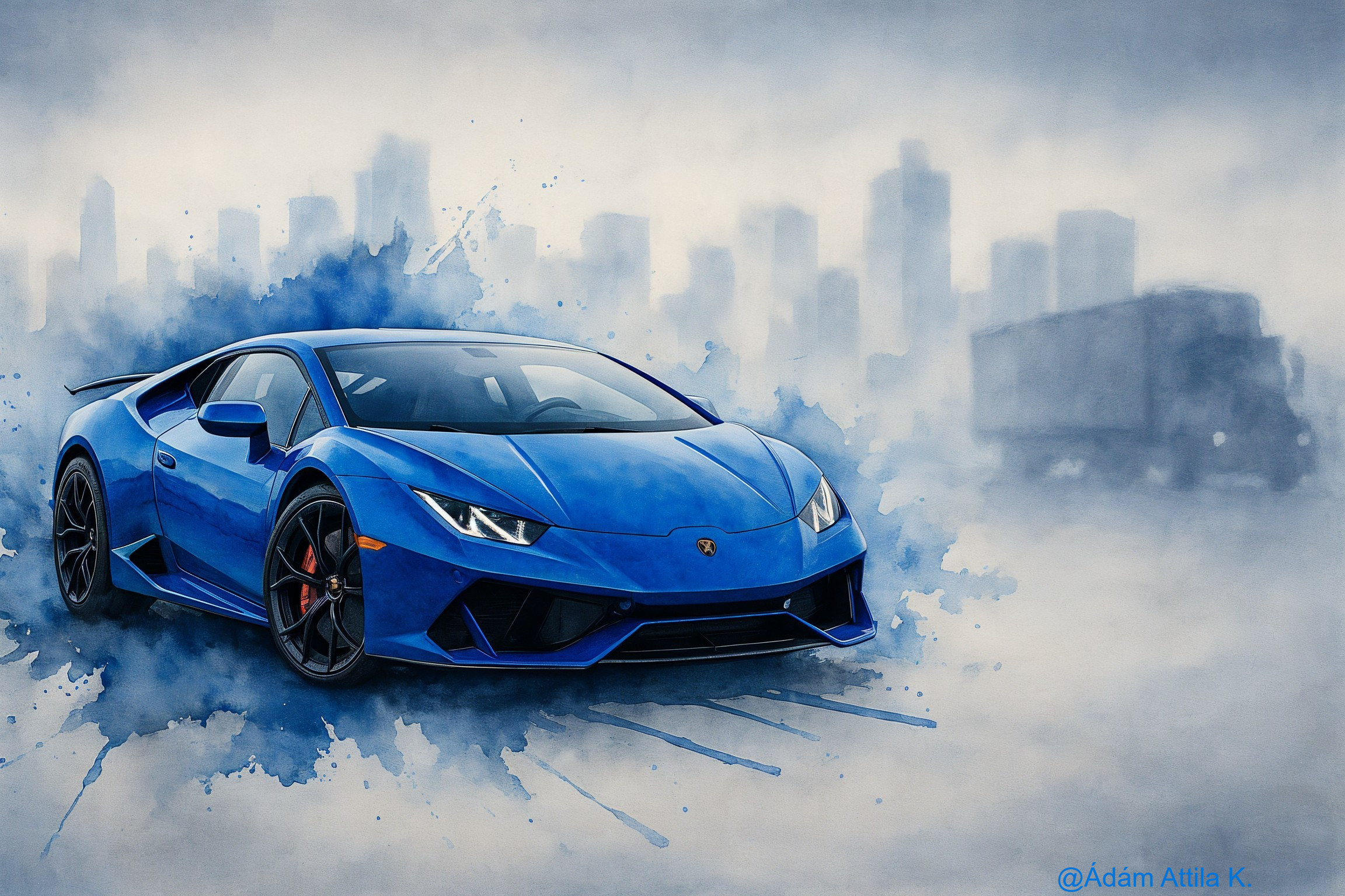 Blue Lamborghini Huracán in Abstract Cityscape Background