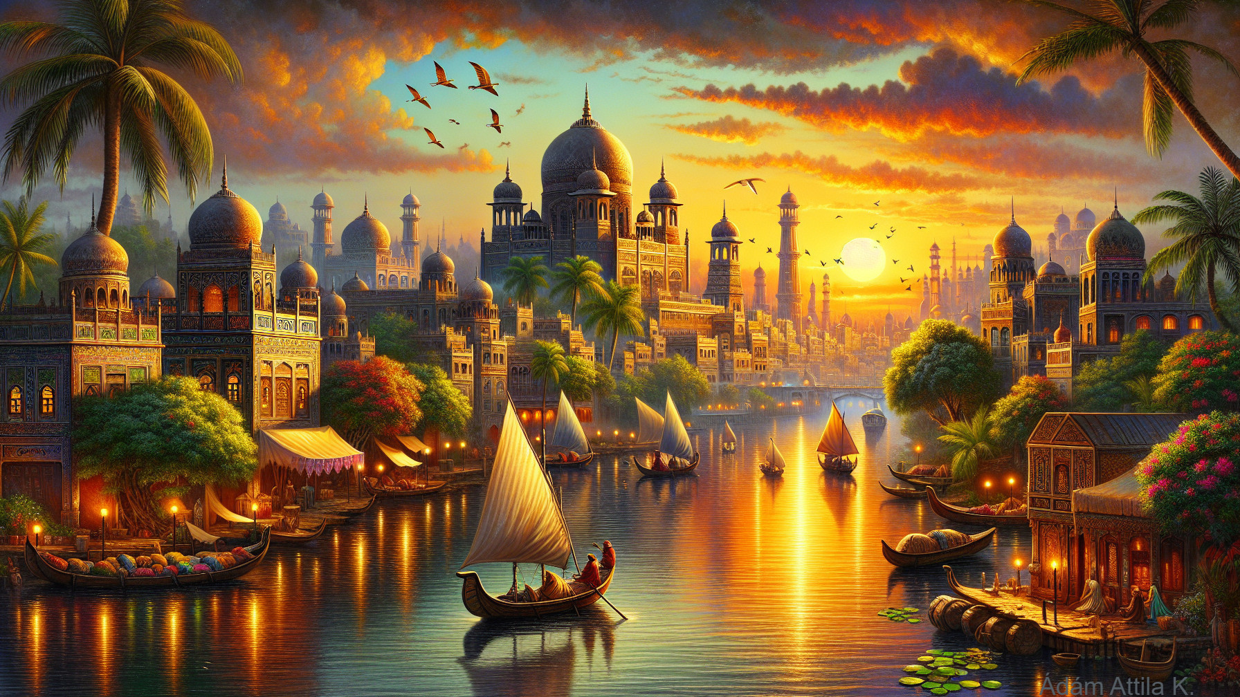 Vibrant cityscape at sunset with serene river scene