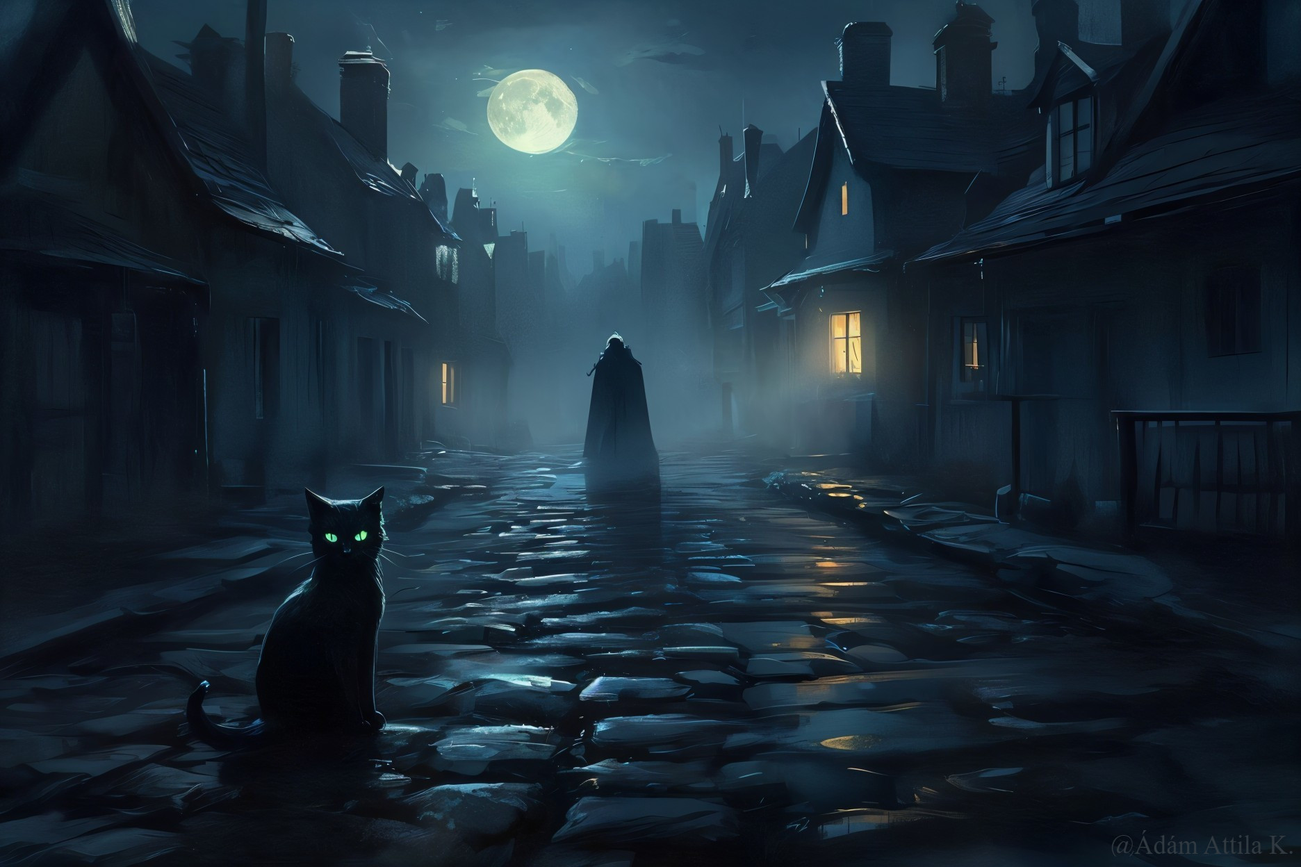 Atmospheric Digital Painting of a Moonlit Street