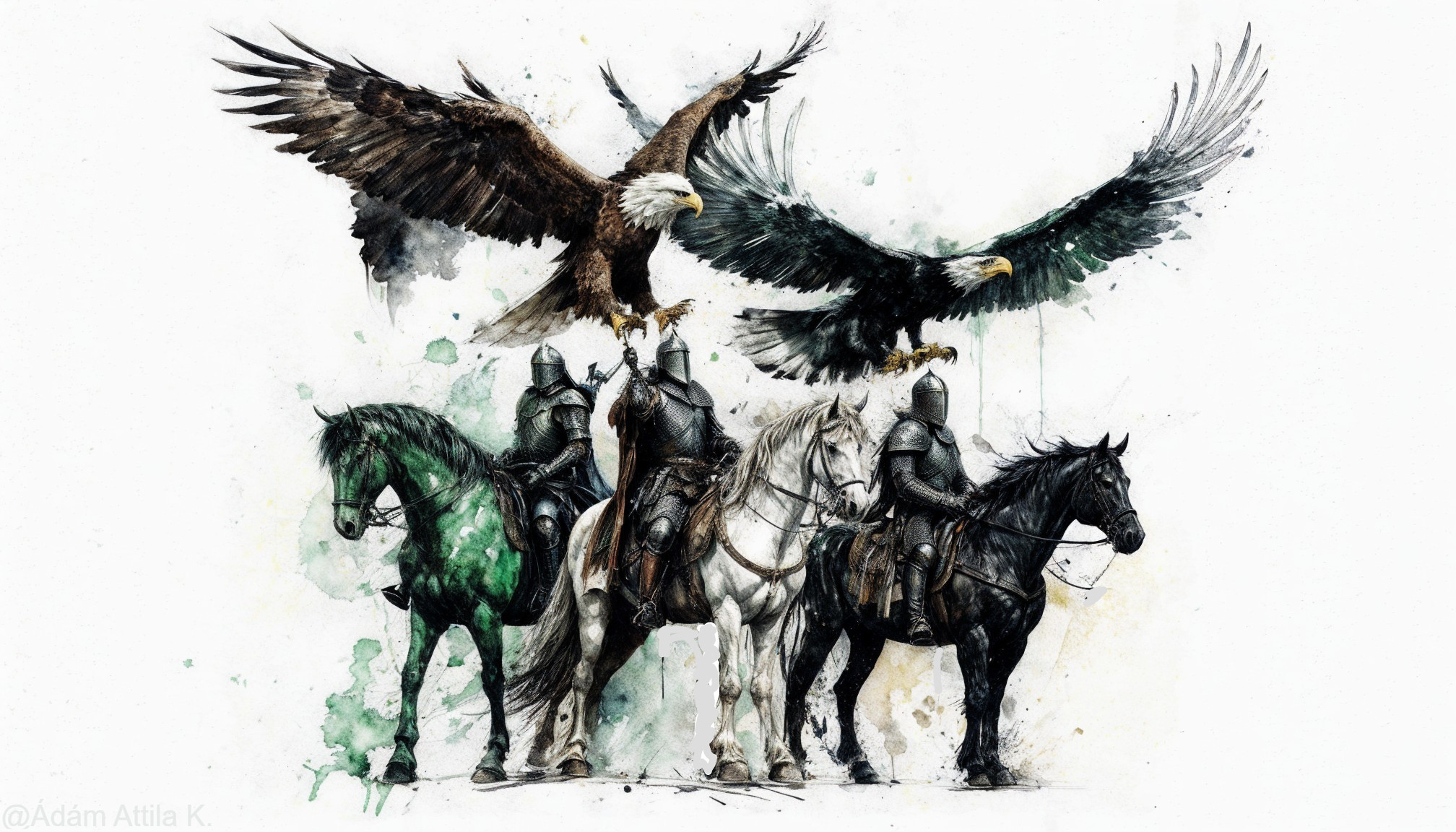 Armored Knights on Colorful Horses with Soaring Eagles