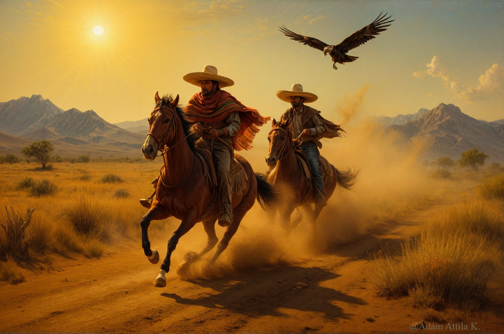 Desert Riders with Eagle Above Rugged Mountains