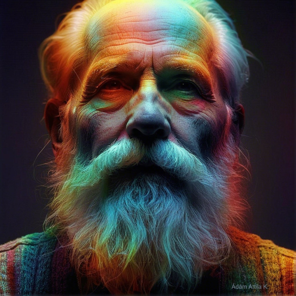 Elderly man with white beard and colorful background