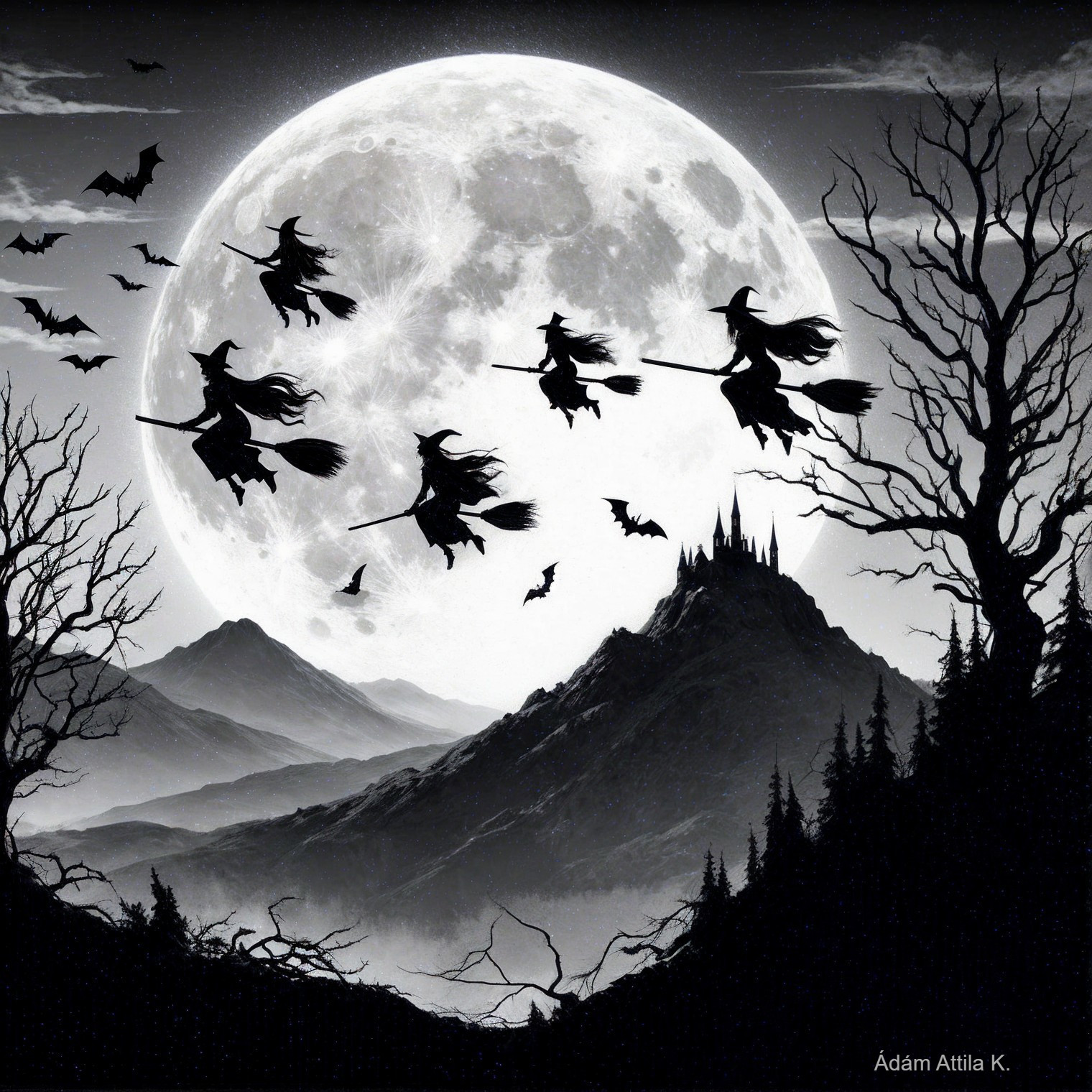 Witches Flying on Broomsticks Under Full Moon