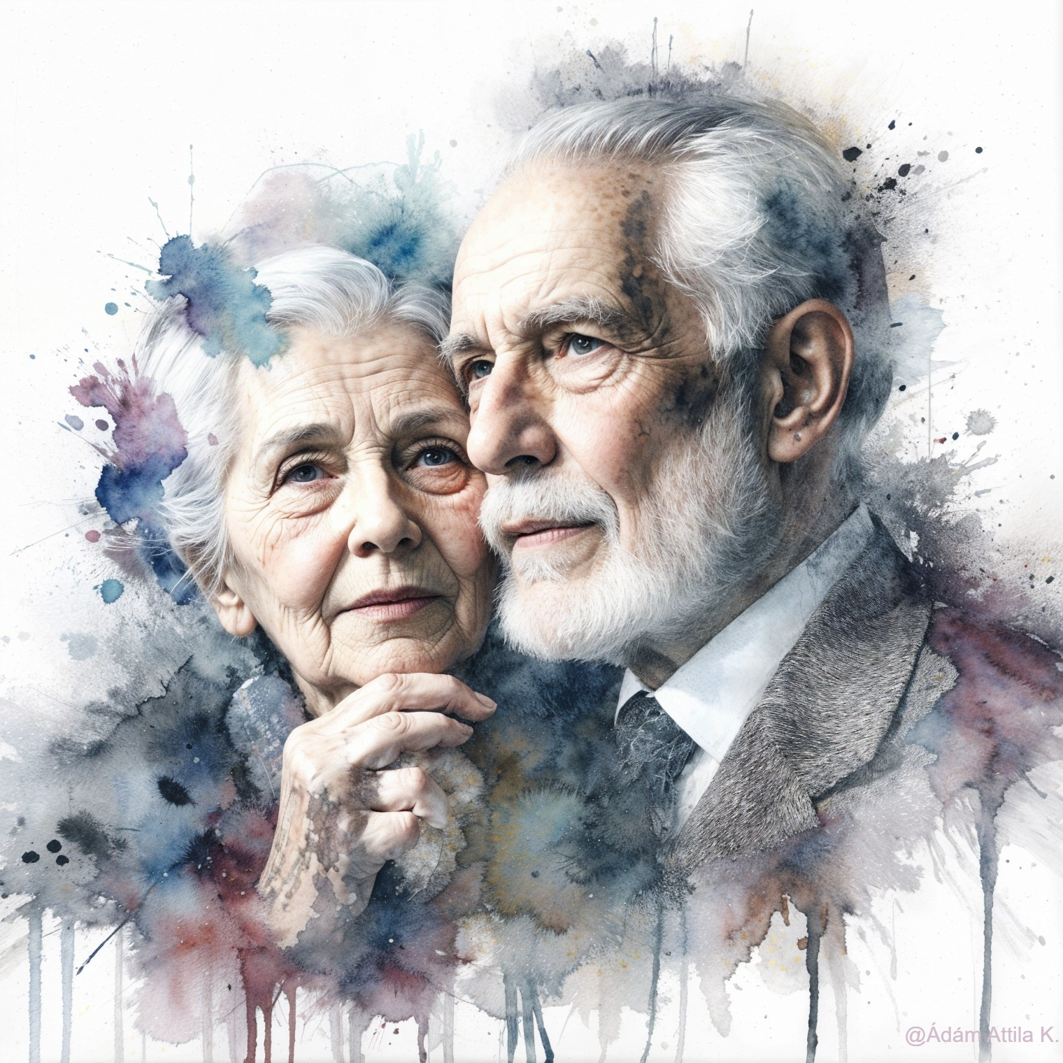 Elderly Couple Sharing a Tender Moment in Watercolor
