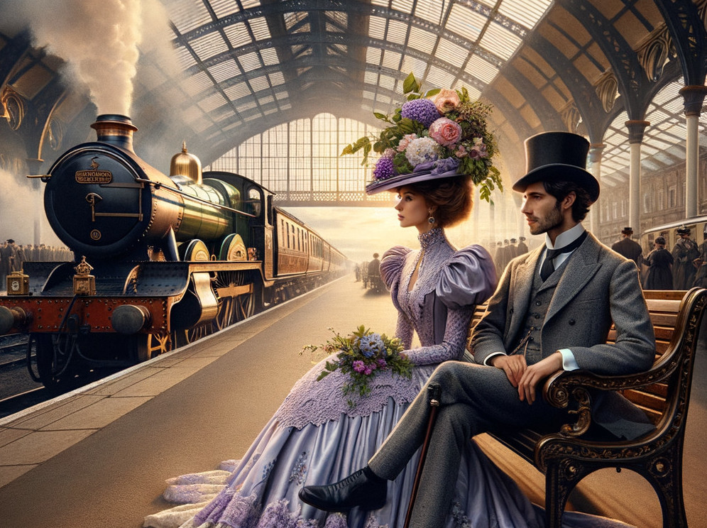 19th-Century Vintage Train Station Scene with Couple