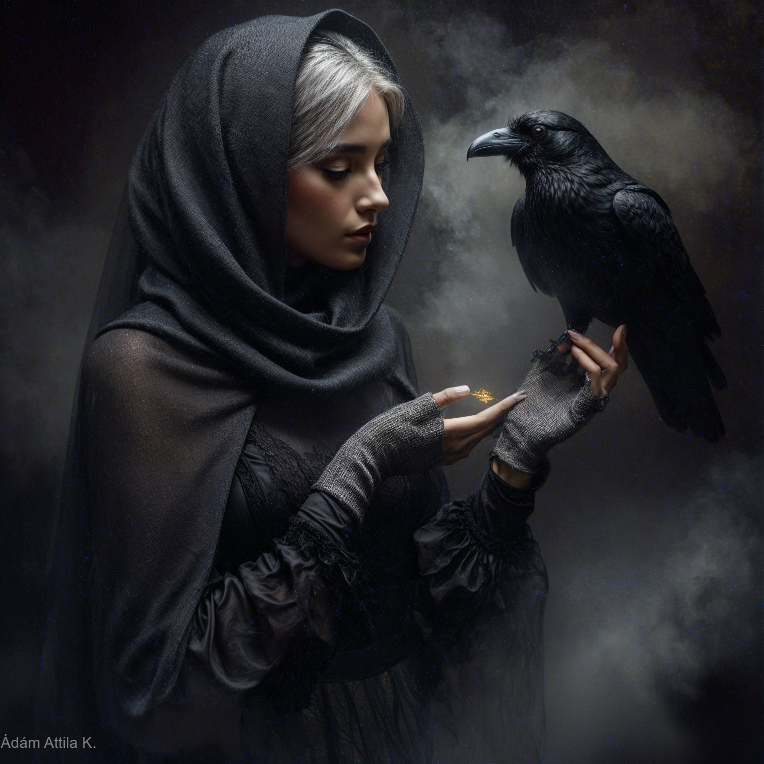 Mysterious Woman with Raven in Enchanting Atmosphere