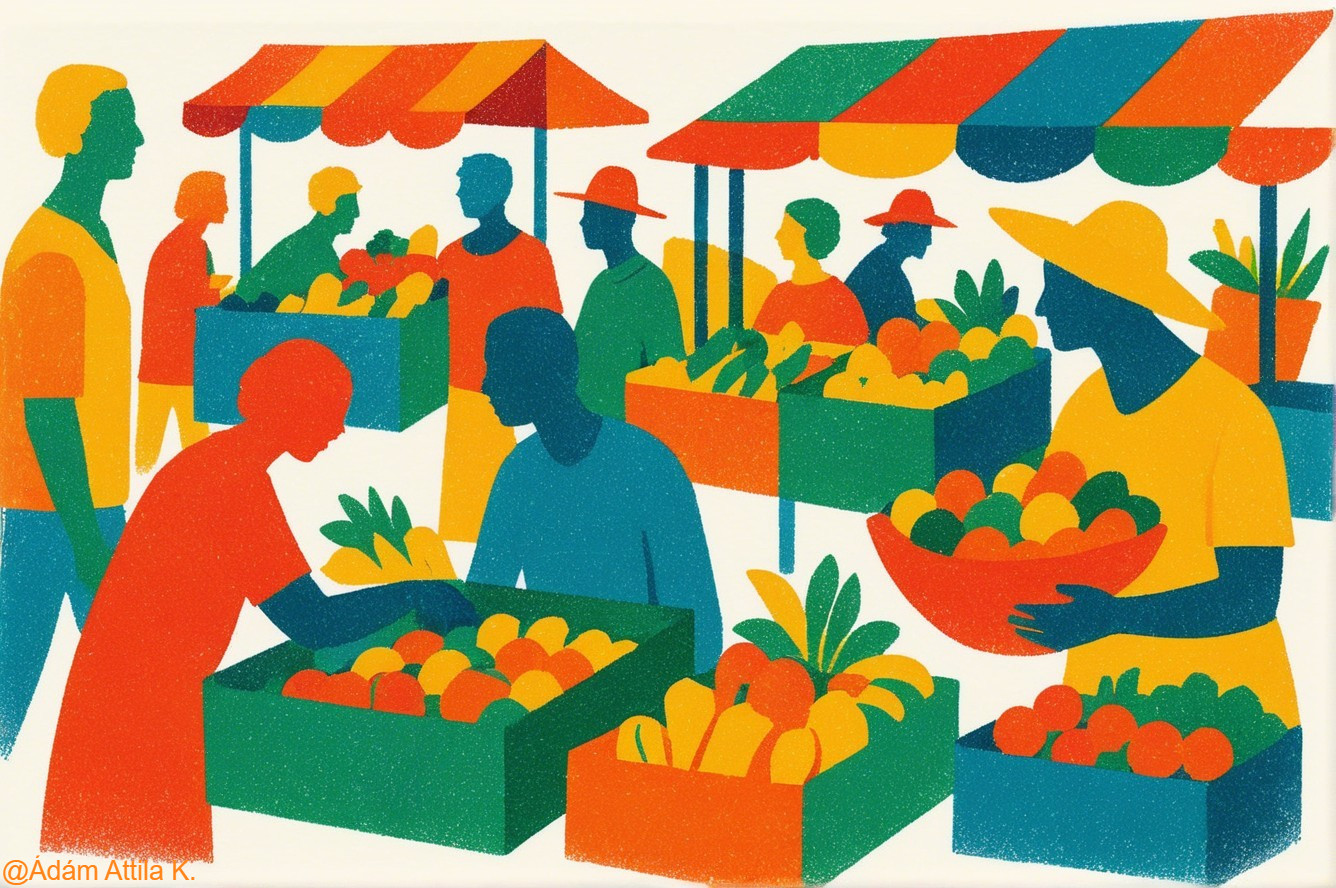 Vibrant Market Scene with Colorful Stalls and Shoppers