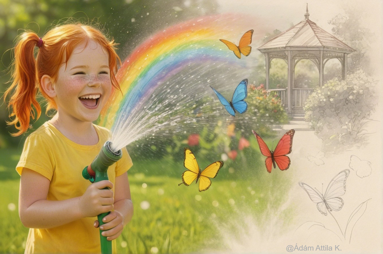 Joyful girl with red hair creates rainbow with hose