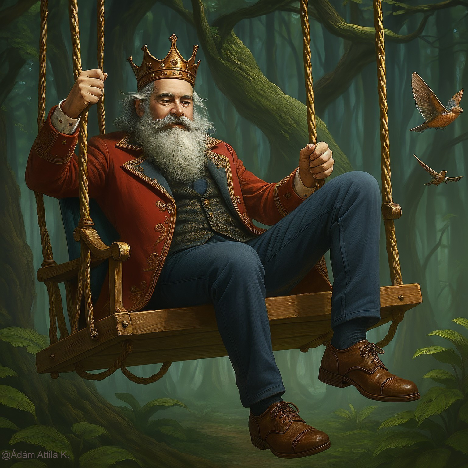 Elderly man on swing in enchanted forest setting