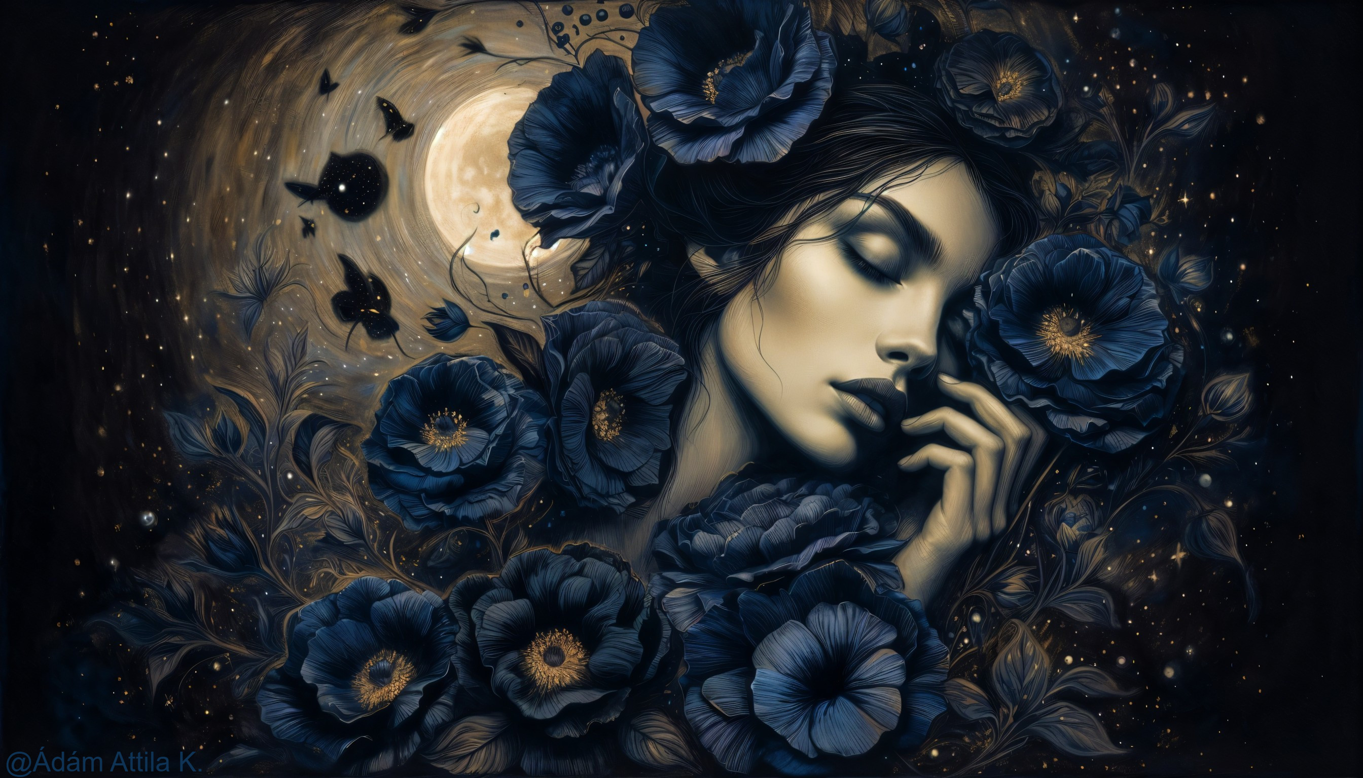 Serene Woman Surrounded by Blue Flowers and Butterflies